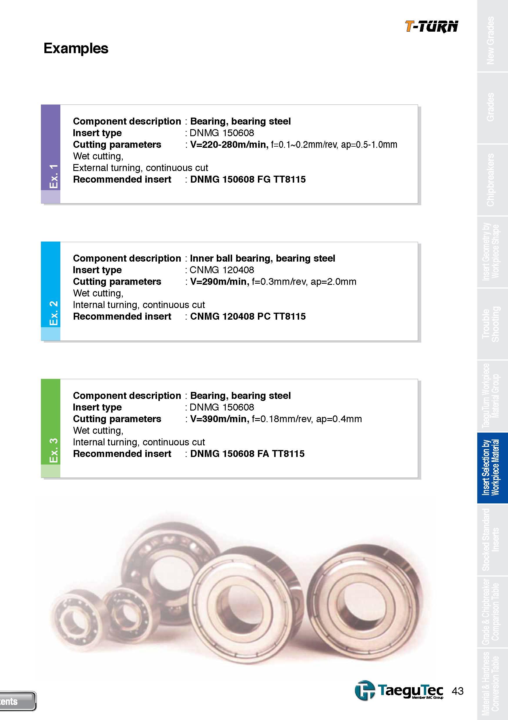 43 Examples T-TURN I Component description Bearing, bearing steel Insert type DNMG 150608 Cutting parameters V=220-280m/min, f=0 1 0 2mm/rev, ap=0 5 Каталог TAEGUTEC 2013 Сменные режущие токарные пластины для металлообработки Инструментальные материалы Сплавы Стружколомы Геометрия Справочная информация Стр. 43