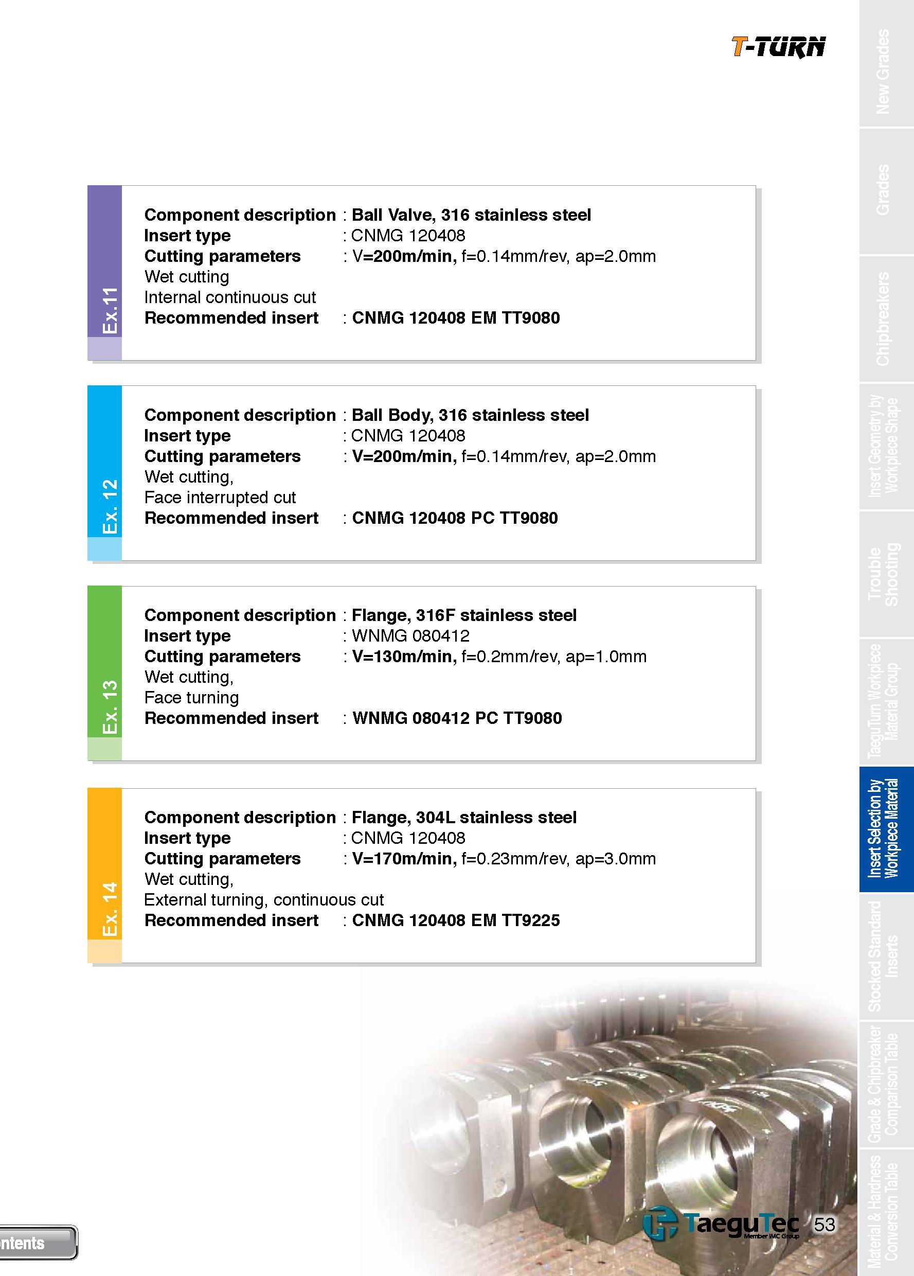 53 T-TURN Component description Ball Valve, 316 stainless steel Insert type CNMG 120408 Cutting parameters V=200m/min, f=0 14mm/rev, ap=2 0mm Wet cu Каталог TAEGUTEC 2013 Сменные режущие токарные пластины для металлообработки Инструментальные материалы Сплавы Стружколомы Геометрия Справочная информация Стр. 53