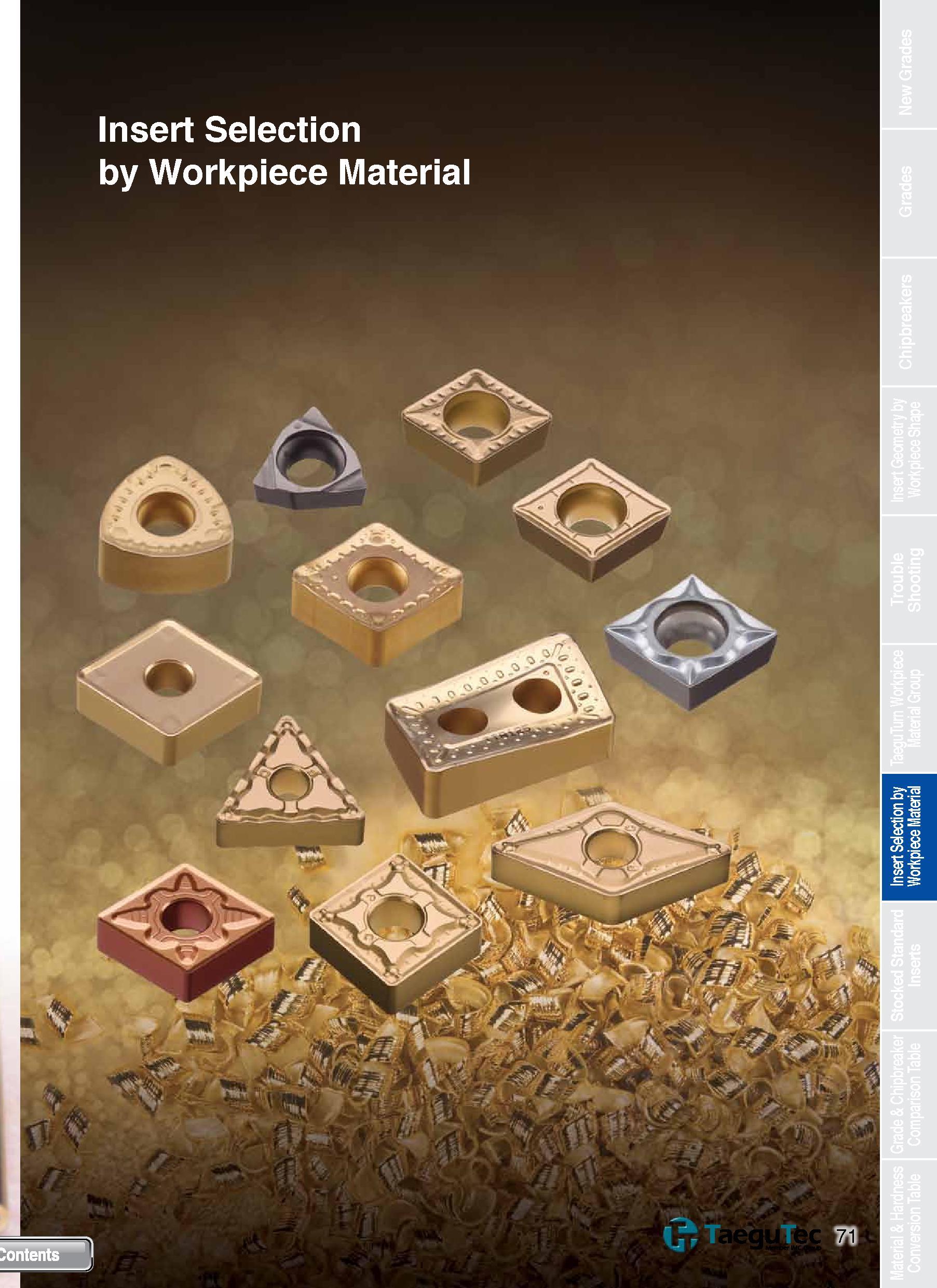 71 Insert Selection by Workpiece Material Каталог TAEGUTEC 2013 Сменные режущие токарные пластины для металлообработки Инструментальные материалы Сплавы Стружколомы Геометрия Справочная информация Стр. 71