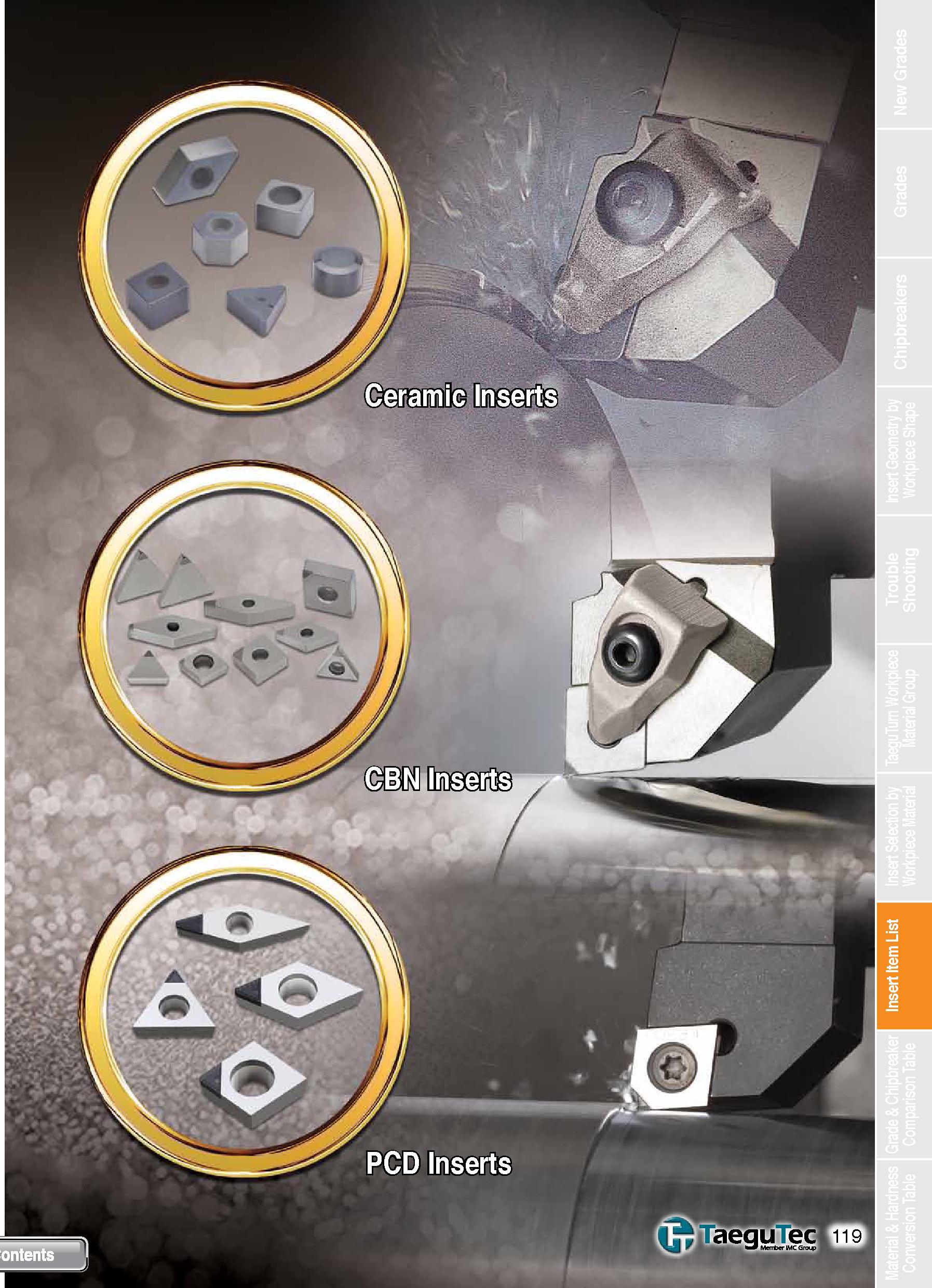 119 Insert Item List Каталог TAEGUTEC 2013 Сменные режущие токарные пластины для металлообработки Инструментальные материалы Сплавы Стружколомы Геометрия Справочная информация Стр. 119