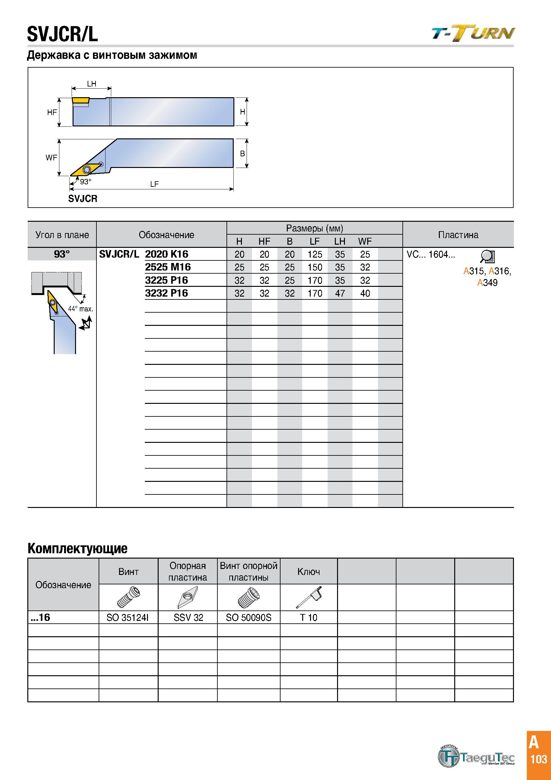 106 SVJCR/L Державка с винтовым зажимом Угол в плане Обозначение Размеры (мм) H HF B LF LH WF Пластина 93° SVJCR/L 2020 K16 20 20 20 125 35 25 VC 160 Каталог TAEGUTEC 2020 Режущий инструмент для токарных станков с ЧПУ и универсальных с ручным управлением Твердосплавные пластины для резцов и державок Спиральные сверла Стр. A103