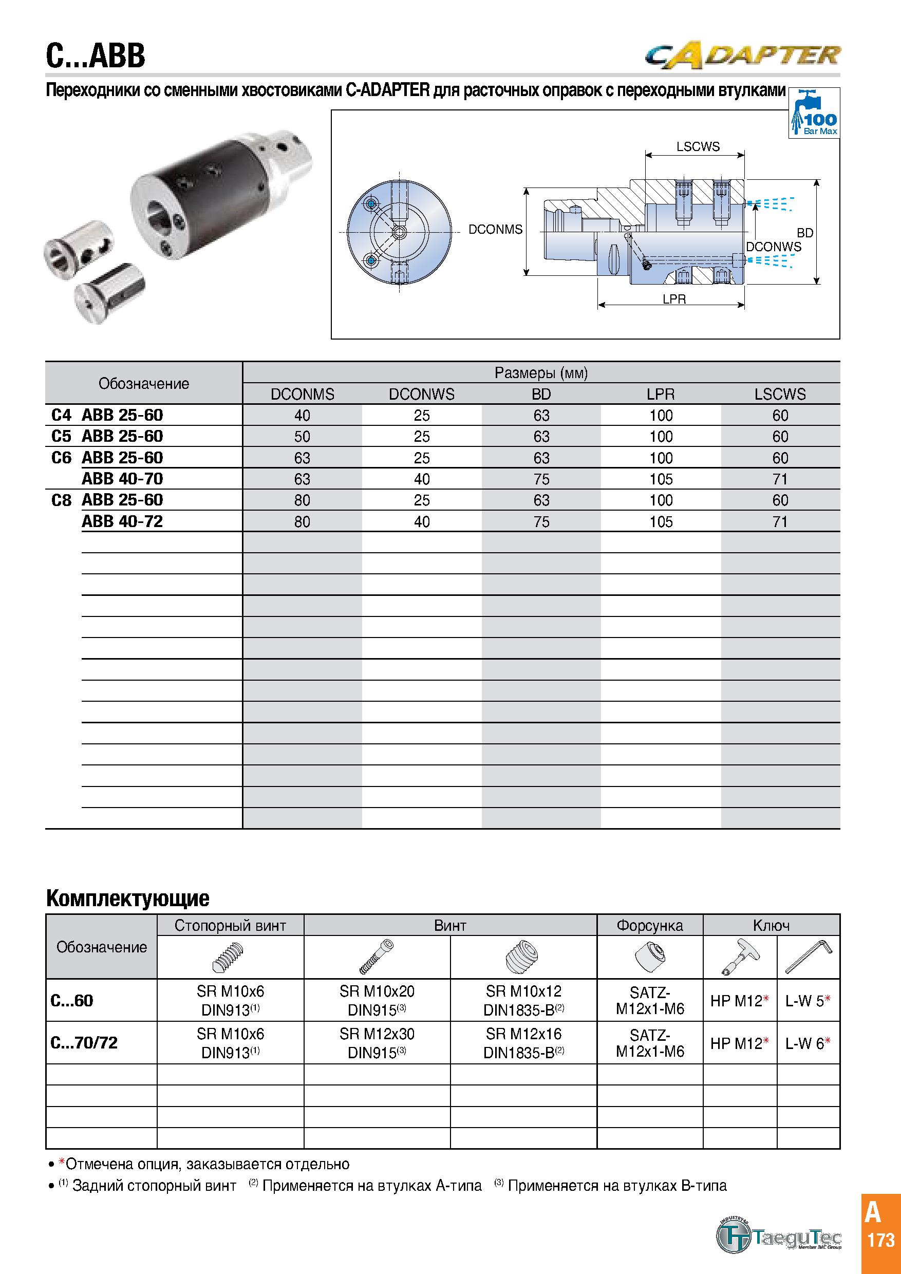 176 C ABB CJf\DAJ>T ER Обозначение Размеры (мм) DCONMS DCONWS BD LPR LSCWS C4 ABB 25-60 40 25 63 100 60 C5 ABB 25-60 50 25 63 100 60 C6 ABB 25-60 63 Каталог TAEGUTEC 2020 Режущий инструмент для токарных станков с ЧПУ и универсальных с ручным управлением Твердосплавные пластины для резцов и державок Спиральные сверла Стр. A173