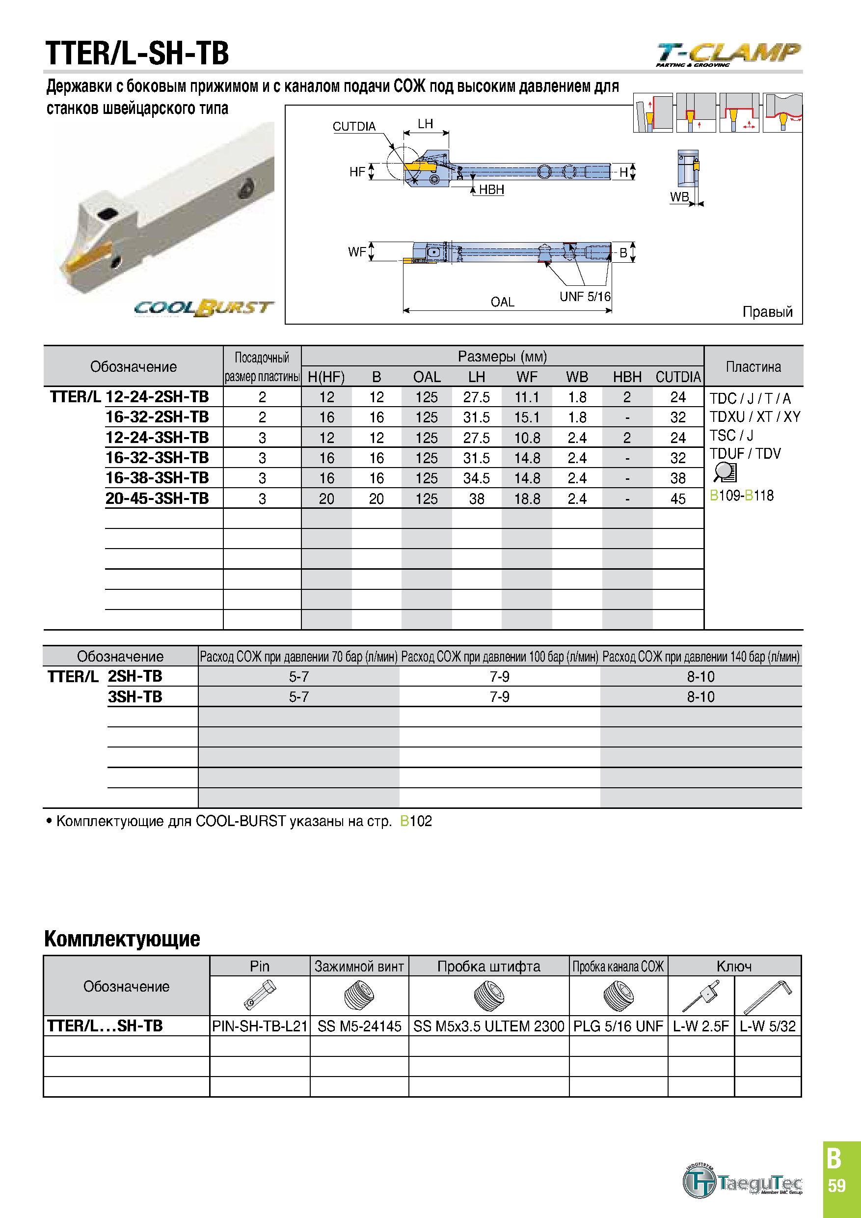 422 TTER/L-SH-TB T-CLAMP Державки с боковым прижимом и с каналом подачи СОЖ под высоким давлением для станков швейцарского типа OAL UNF 5/16 Правый О Каталог TAEGUTEC 2020 Режущий инструмент для токарных станков с ЧПУ и универсальных с ручным управлением Твердосплавные пластины для резцов и державок Спиральные сверла Стр. B59