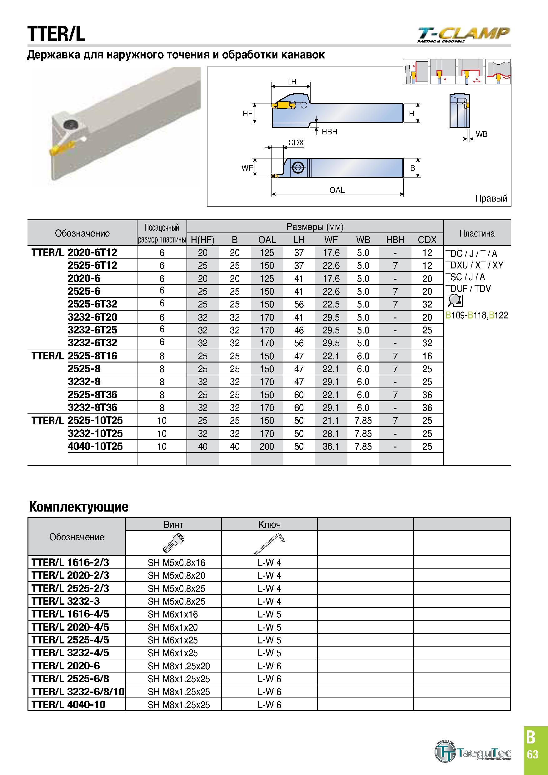 426 TTER/L Державка для наружного точения и обработки канавок T-CLAMP H -4 HBH wf bJ ( OAL , Правый Обозначение Посадочный Размеры (мм) Пластина разм Каталог TAEGUTEC 2020 Режущий инструмент для токарных станков с ЧПУ и универсальных с ручным управлением Твердосплавные пластины для резцов и державок Спиральные сверла Стр. B63