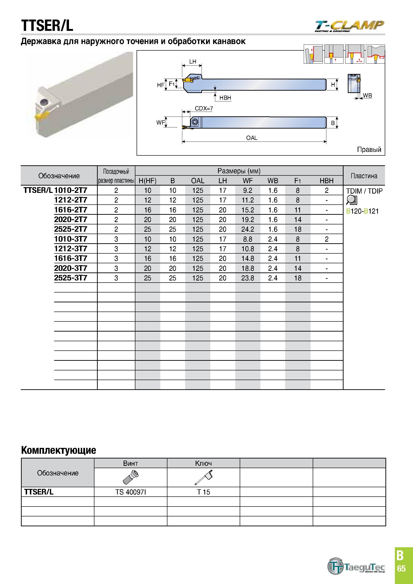 428 TTSER/L T-CLAMP Державка для наружного точения и обработки канавок H J HBH CDX=7 WF M BI OAL Правый Обозначение Посадочный размер пластины Размер Каталог TAEGUTEC 2020 Режущий инструмент для токарных станков с ЧПУ и универсальных с ручным управлением Твердосплавные пластины для резцов и державок Спиральные сверла Стр. B65