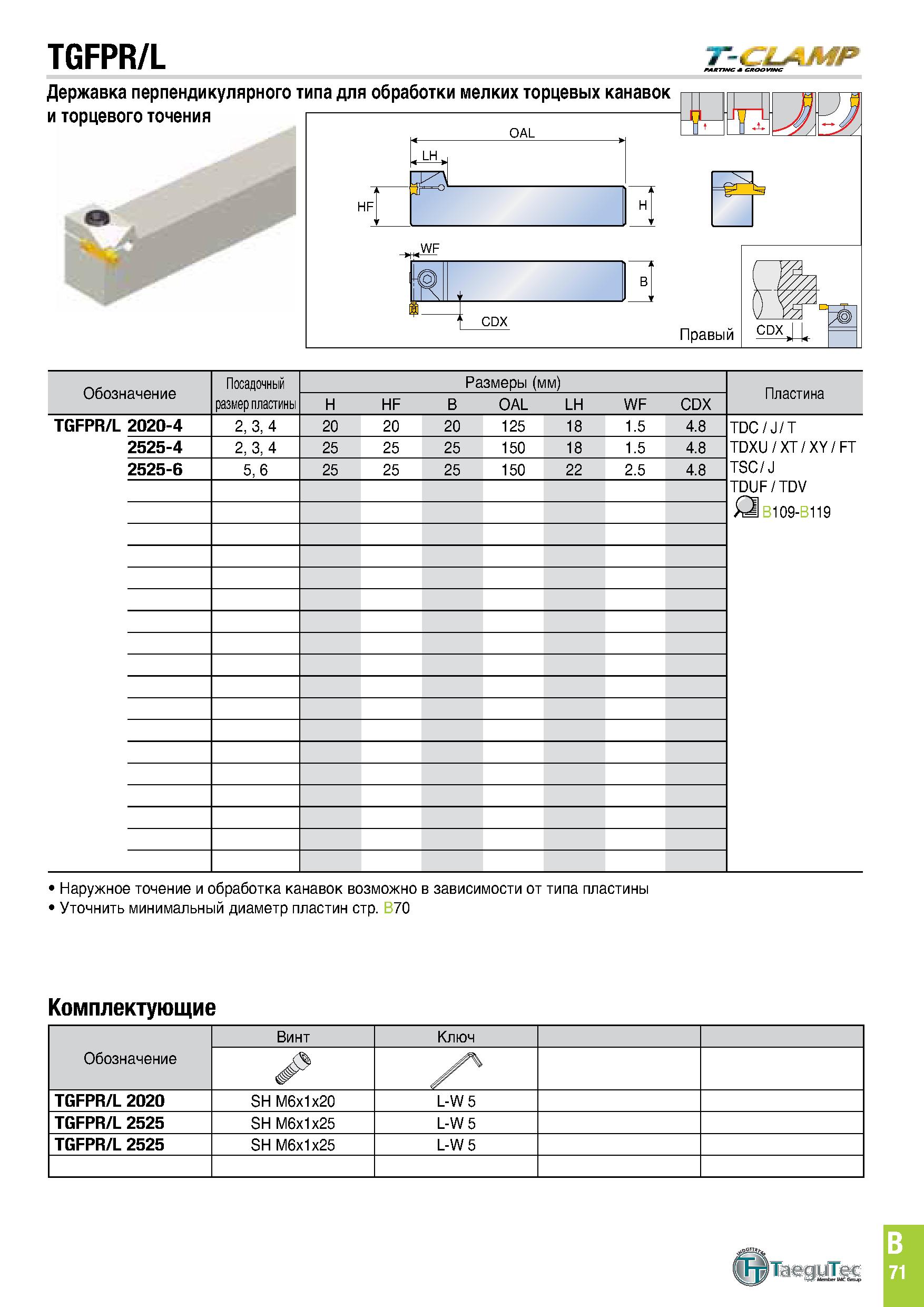 434 TGFPR/L T-CLAMP Державка перпендикулярного типа для обработки мелких торцевых канавок и торцевого точения , LH, H Правый Обозначение Посадочный р Каталог TAEGUTEC 2020 Режущий инструмент для токарных станков с ЧПУ и универсальных с ручным управлением Твердосплавные пластины для резцов и державок Спиральные сверла Стр. B71