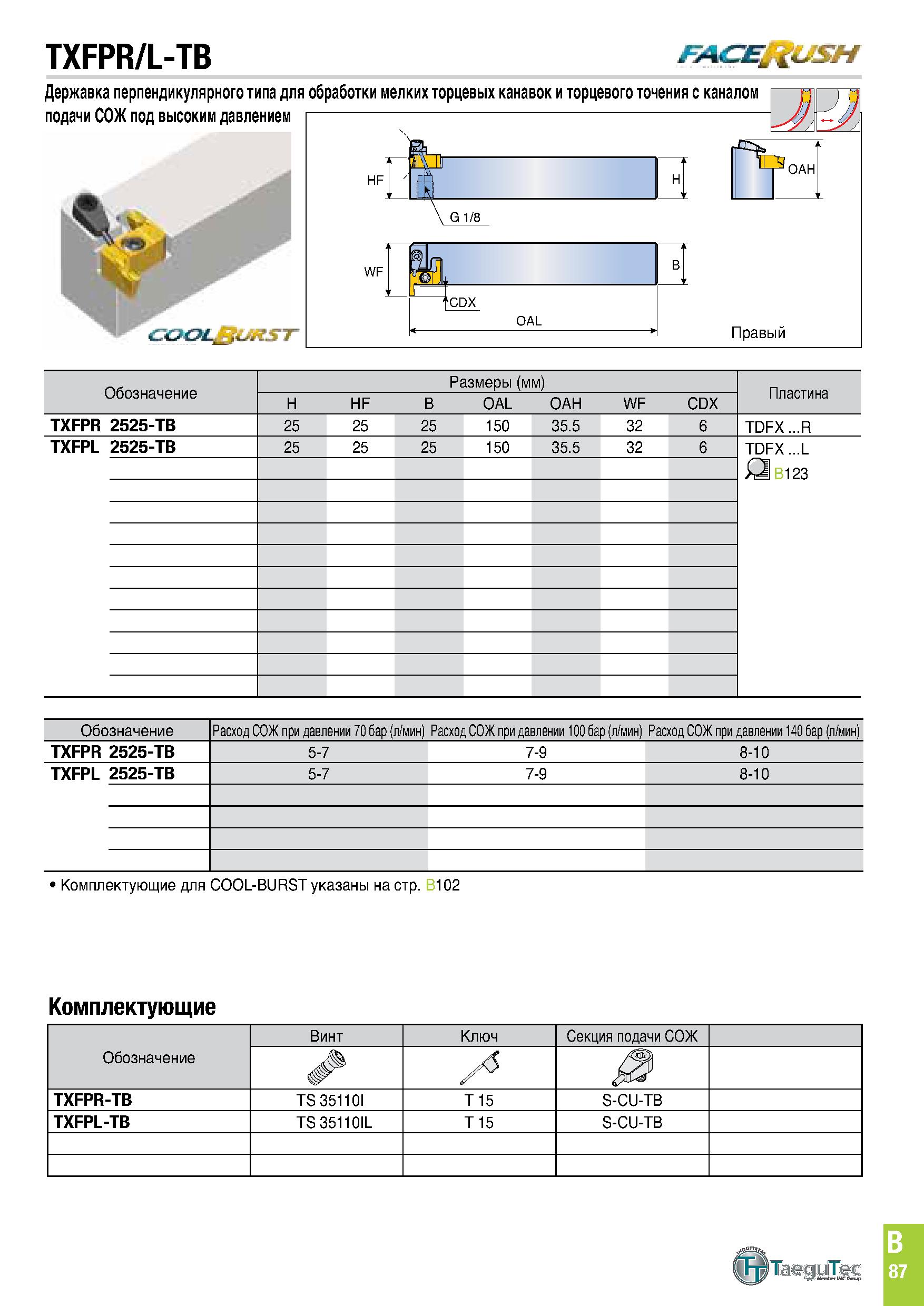 450 TXFPR/L-TB face sh Обозначение Размеры (мм) Пластина H HF B OAL OAH WF CDX TXFPR 2525-TB 25 25 25 150 35 5 32 6 TDFX R TXFPL 2525-TB 25 25 25 150 Каталог TAEGUTEC 2020 Режущий инструмент для токарных станков с ЧПУ и универсальных с ручным управлением Твердосплавные пластины для резцов и державок Спиральные сверла Стр. B87