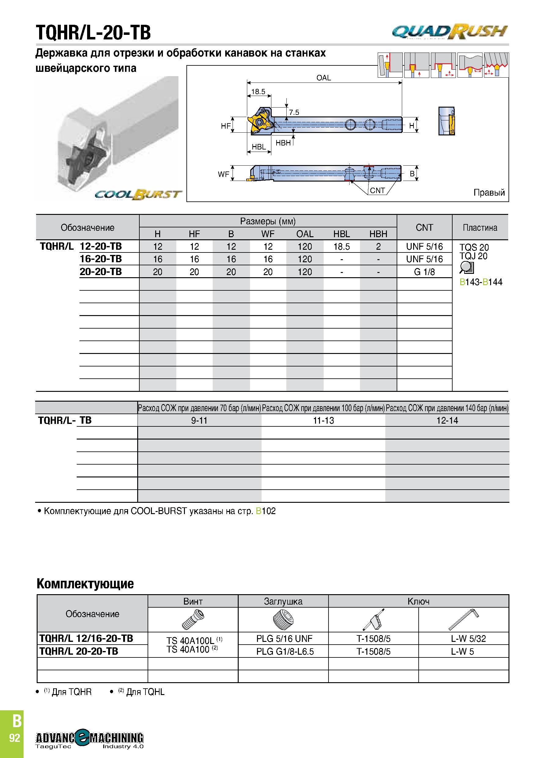 455 TQHR/L-20-TB 2UADf%USH Державка для отрезки и обработки канавок на станках швейцарского типа j'- -ОЙК ' Т if Ьг- - BT X айьЫ- JL -Г Правый H HF H Каталог TAEGUTEC 2020 Режущий инструмент для токарных станков с ЧПУ и универсальных с ручным управлением Твердосплавные пластины для резцов и державок Спиральные сверла Стр. B92