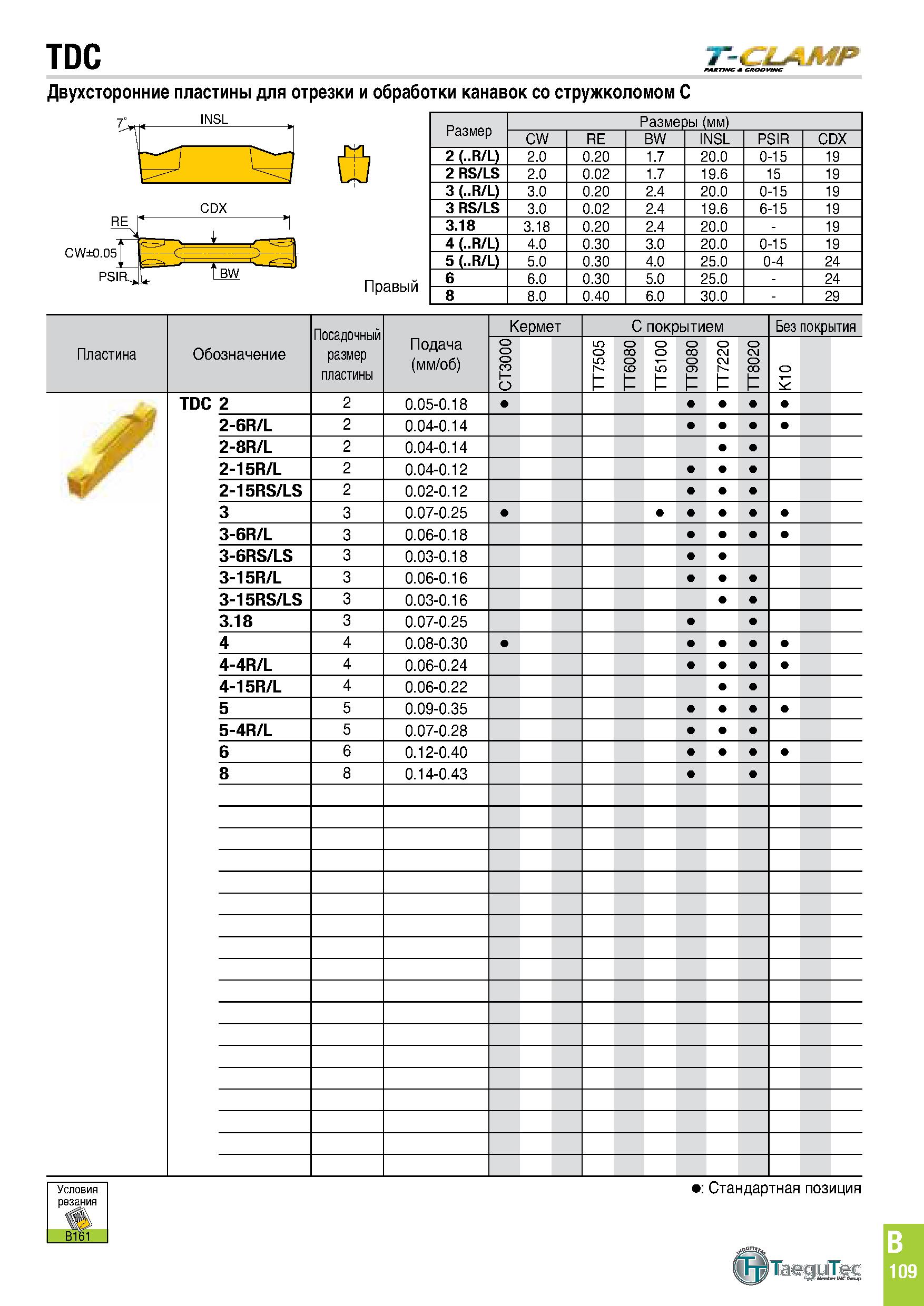 472 TDC Tz&LAMP Двухсторонние пластины для отрезки и обработки канавок со стружколомом С а Правый Размеры (мм) CW RE BW INSL PSIR CDX 2 ( R/L) 2 0 0 Каталог TAEGUTEC 2020 Режущий инструмент для токарных станков с ЧПУ и универсальных с ручным управлением Твердосплавные пластины для резцов и державок Спиральные сверла Стр. B109