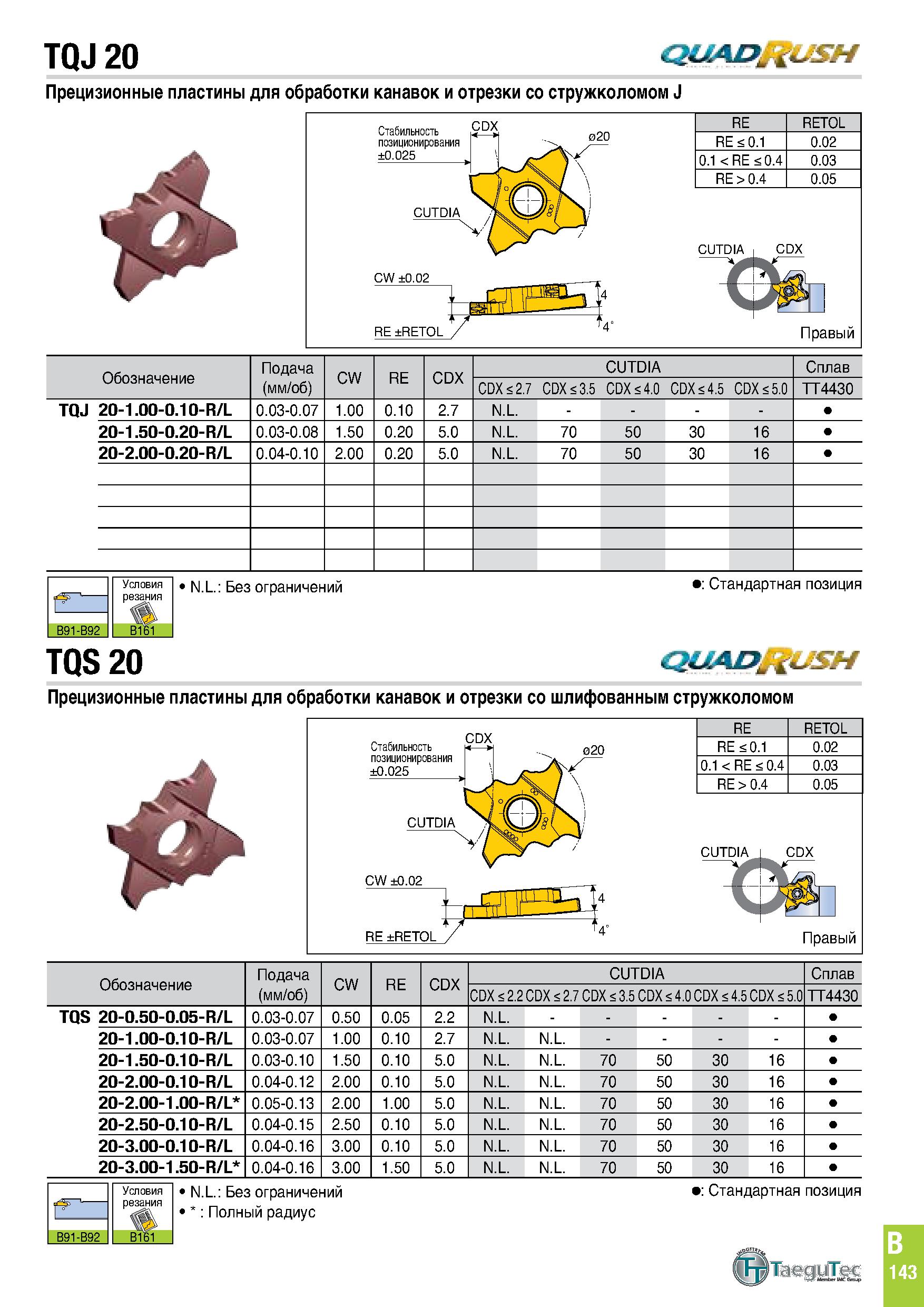 506 TQJ 20 QUAD USH Прецизионные пластины для обработки канав ок и отрезки со стружколомом J RE RETOL RE 0 1 0 02 0 1 RE 0 4 0 03 RE > 0 4 0 05 CUTDI Каталог TAEGUTEC 2020 Режущий инструмент для токарных станков с ЧПУ и универсальных с ручным управлением Твердосплавные пластины для резцов и державок Спиральные сверла Стр. B143