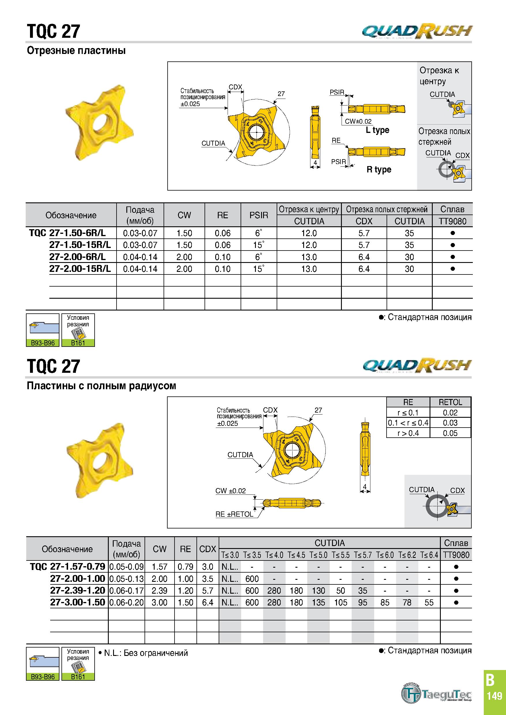 512 TQC 27 QUAD USH Отрезные пластины Обозначение Подача (мм/об) CW RE PSIR Отрезка к центру Отрезка полых стержней Сплав CUTDIA CDX CUTDIA TT9080 TQ Каталог TAEGUTEC 2020 Режущий инструмент для токарных станков с ЧПУ и универсальных с ручным управлением Твердосплавные пластины для резцов и державок Спиральные сверла Стр. B149