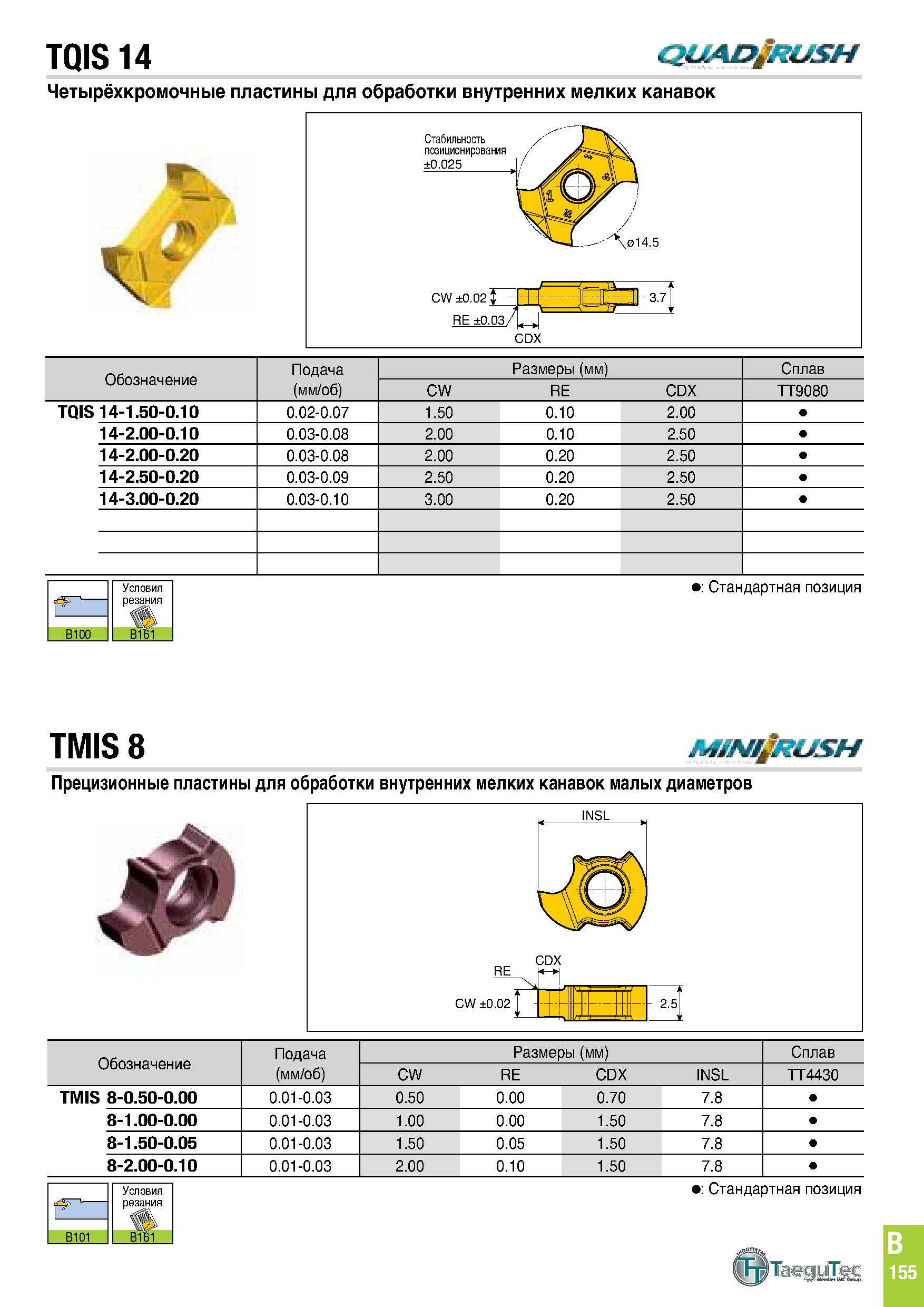 518 TQIS 14 QUA&jRUSH Четырёхкромочные пластины для обработки внутренних мелких канавок Обозначение Подача (мм/об) Размеры (мм) Сплав CW RE CDX TT908 Каталог TAEGUTEC 2020 Режущий инструмент для токарных станков с ЧПУ и универсальных с ручным управлением Твердосплавные пластины для резцов и державок Спиральные сверла Стр. B155