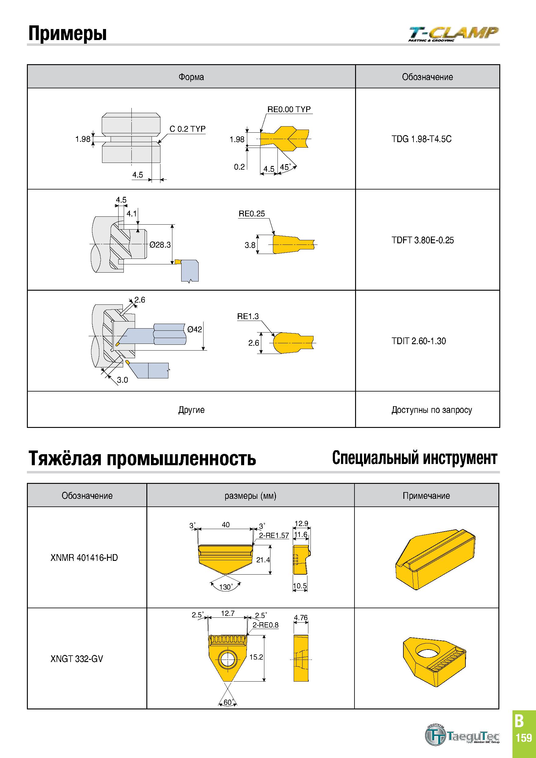 522 Примеры Tz&LAMP Форма Обозначение 1 981 RE0 00 TYP C 0 2 TYP 4 5 1 98 0 2 TDG 1 98-T4 5C 4 5 RE0 25 3 8 TDFT 3 80E-0 25 RE1 3 2 6 TDIT 2 60-1 30 Каталог TAEGUTEC 2020 Режущий инструмент для токарных станков с ЧПУ и универсальных с ручным управлением Твердосплавные пластины для резцов и державок Спиральные сверла Стр. B159