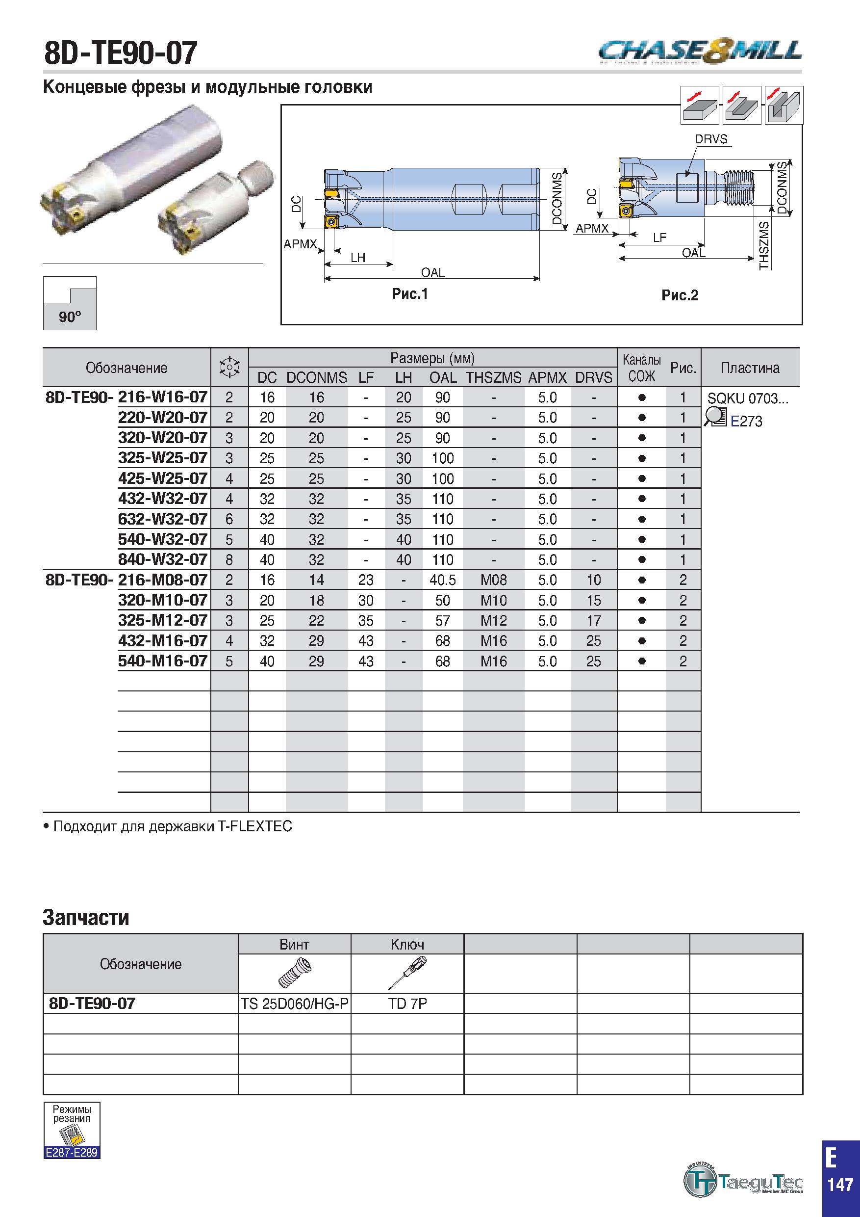 460 8D-TE90-07 Концевые фрезы и модульные головки 90° Рис 1 DRVS И мг1 WLj OAL Рис 2 LF Обозначение в Размеры (мм) Каналы СОЖ Рис Пластина DC DCONMS Каталог TAEGUTEC 2020 Вращающийся режущий и вспомогательный инструмент по металлу Твердосплавные пластины Сборные фрезы с СМП Монолитные фрезы и сверла Инструментальные патроны Стр. E147