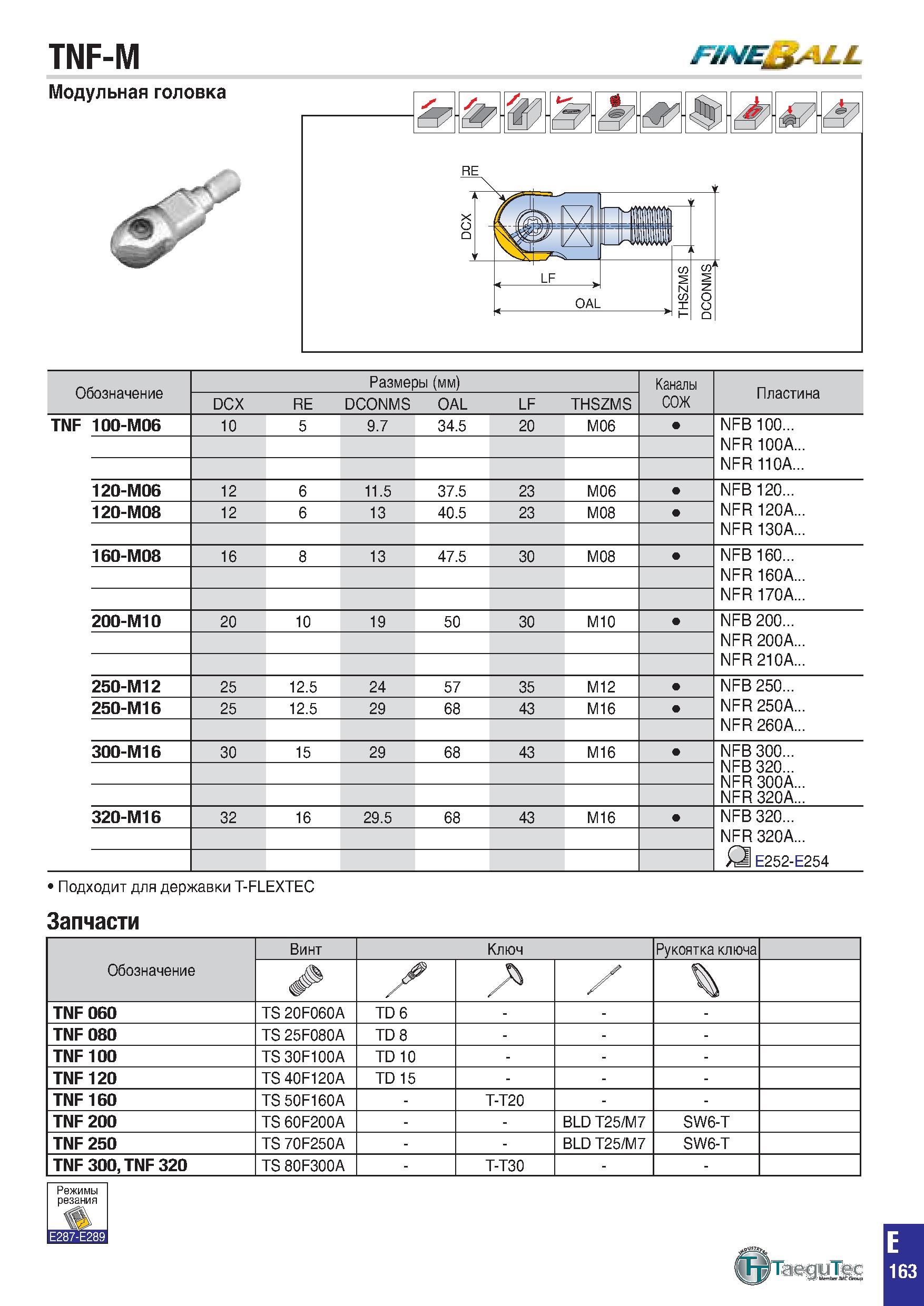 476 TNF-M FINE LL Обозначение Размеры (мм) Каналы Пластина DCX RE DCONMS OAL LF THSZMS СОЖ TNF 100-M06 10 5 9 7 34 5 20 M06 NFB 100 NFR 100A NFR 110A Каталог TAEGUTEC 2020 Вращающийся режущий и вспомогательный инструмент по металлу Твердосплавные пластины Сборные фрезы с СМП Монолитные фрезы и сверла Инструментальные патроны Стр. E163