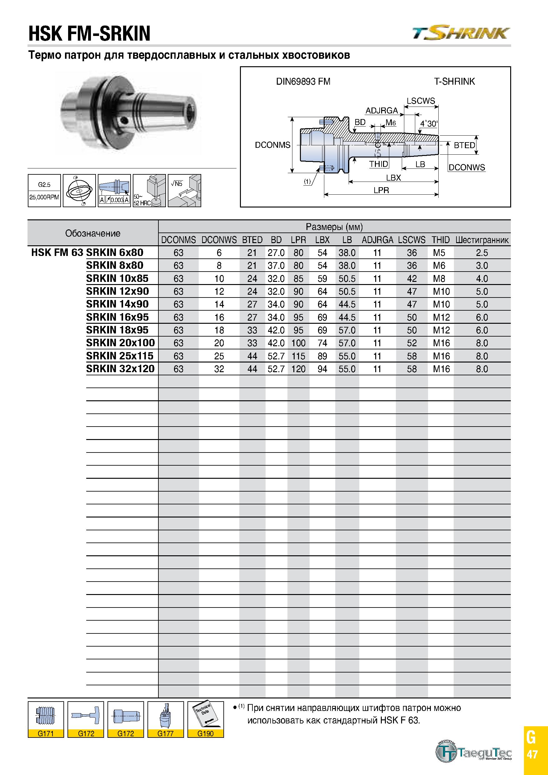 862 HSK FM-SRKIN TSHRINK Термо патрон для твердосплавных и стальных хвостовиков ИМ0 003 Al Обозначение Размеры (мм) DCONMS DCONWS BTED BD LPR LBX LB Каталог TAEGUTEC 2020 Вращающийся режущий и вспомогательный инструмент по металлу Твердосплавные пластины Сборные фрезы с СМП Монолитные фрезы и сверла Инструментальные патроны Стр. G47