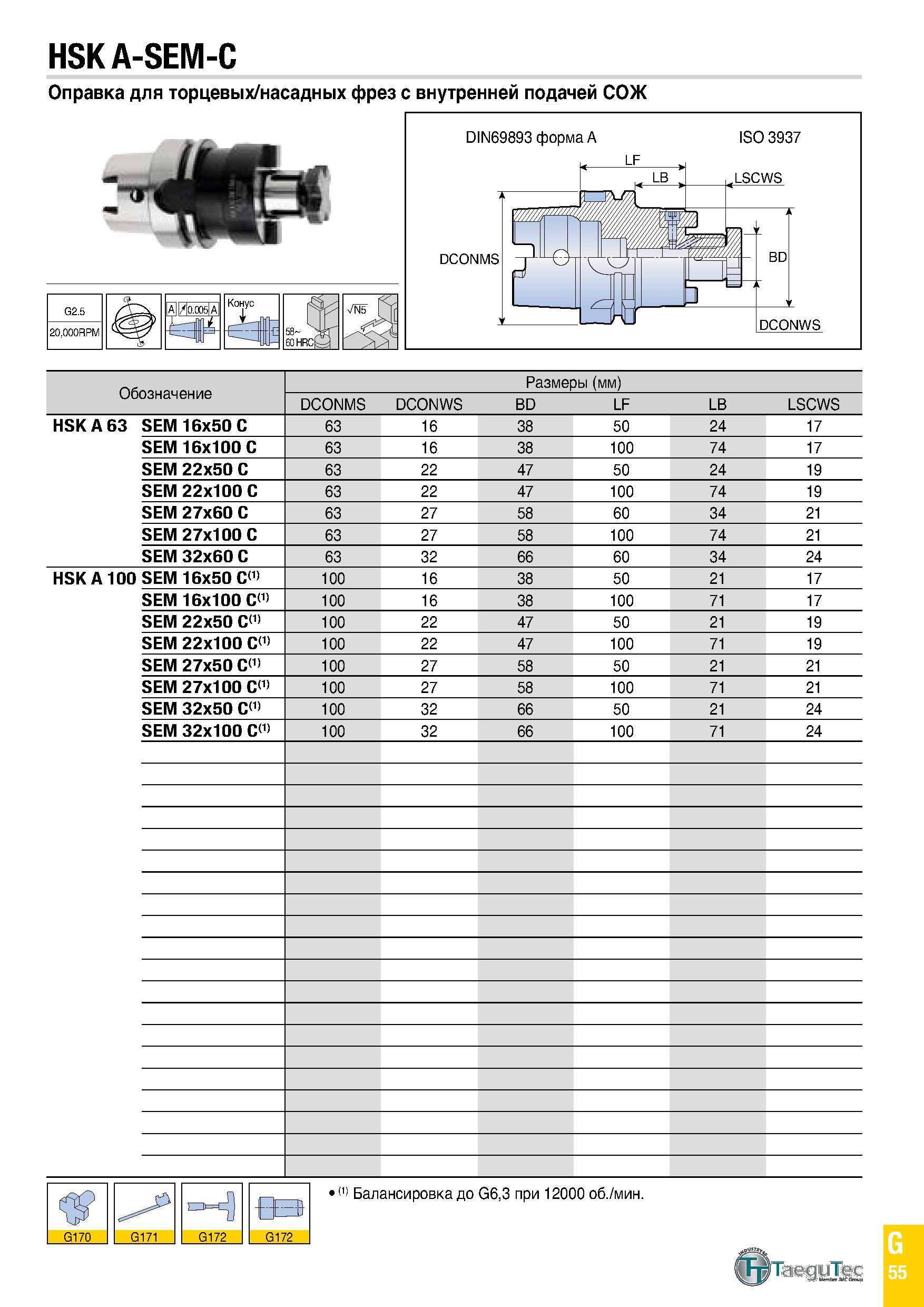 870 HSK A-SEM-C Оправка для торцевых/насадных фрез с внутренней подачей СОЖ Конус i DIN69893 форма A LF ISO 3937 LSCWS DCONMS DCONWS Обозначение Разм Каталог TAEGUTEC 2020 Вращающийся режущий и вспомогательный инструмент по металлу Твердосплавные пластины Сборные фрезы с СМП Монолитные фрезы и сверла Инструментальные патроны Стр. G55
