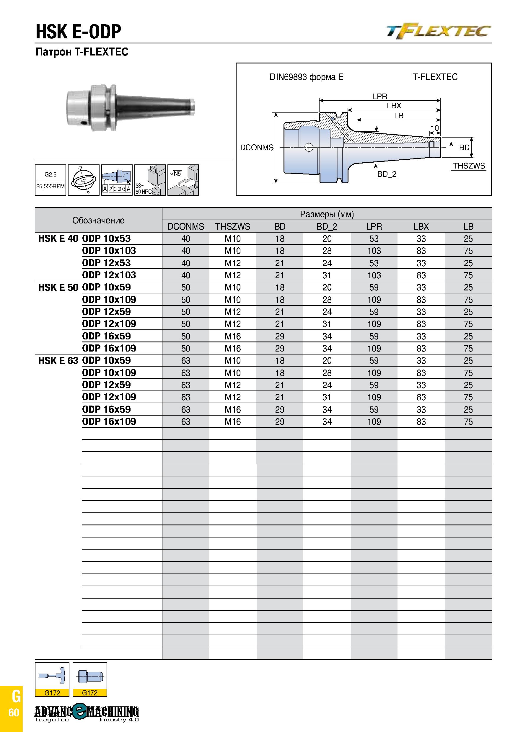 875 HSK E-ODP TfLJEJCTEC Патрон T-FLEXTEC G2 5 25,000RPM gS i 58 60 hrcH Обозначение Размеры (мм) DCONMS THSZWS BD BD 2 LPR LBX LB HSK E 40 ODP 10x53 Каталог TAEGUTEC 2020 Вращающийся режущий и вспомогательный инструмент по металлу Твердосплавные пластины Сборные фрезы с СМП Монолитные фрезы и сверла Инструментальные патроны Стр. G60