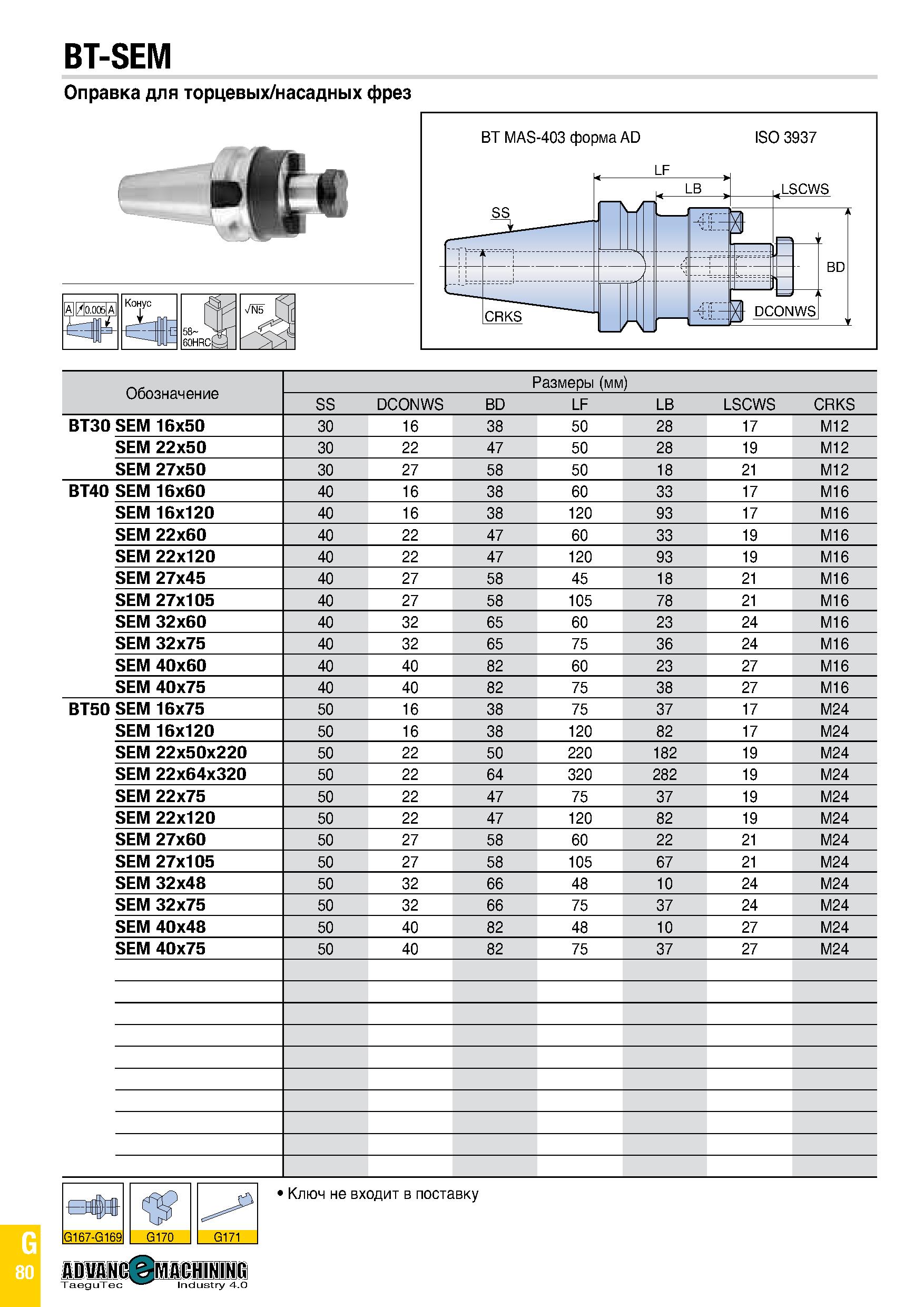 895 BT-SEM Оправка для торцевых/насадных фрез Обозначение Размеры (мм) SS DCONWS BD LF LB LSCWS CRKS BT30 SEM 16x50 30 16 38 50 28 17 M12 SEM 22x50 3 Каталог TAEGUTEC 2020 Вращающийся режущий и вспомогательный инструмент по металлу Твердосплавные пластины Сборные фрезы с СМП Монолитные фрезы и сверла Инструментальные патроны Стр. G80