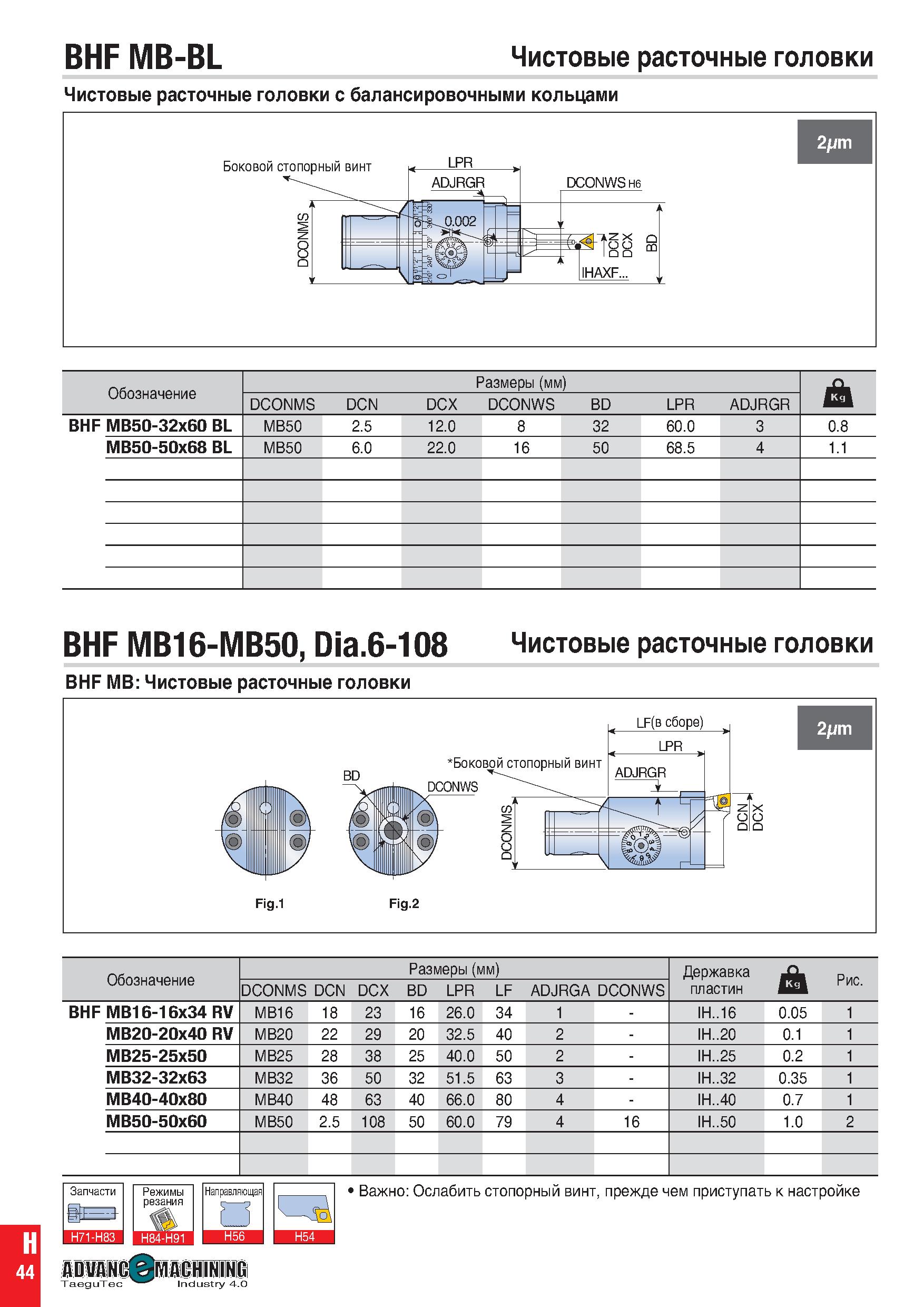1053 BHF MB-BL Чистовые расточные головки Чистовые расточные головки с балансировочными кольцами Боковой стопорный винт LPR DCONWO H6 2um Обозначение Каталог TAEGUTEC 2020 Вращающийся режущий и вспомогательный инструмент по металлу Твердосплавные пластины Сборные фрезы с СМП Монолитные фрезы и сверла Инструментальные патроны Стр. H44