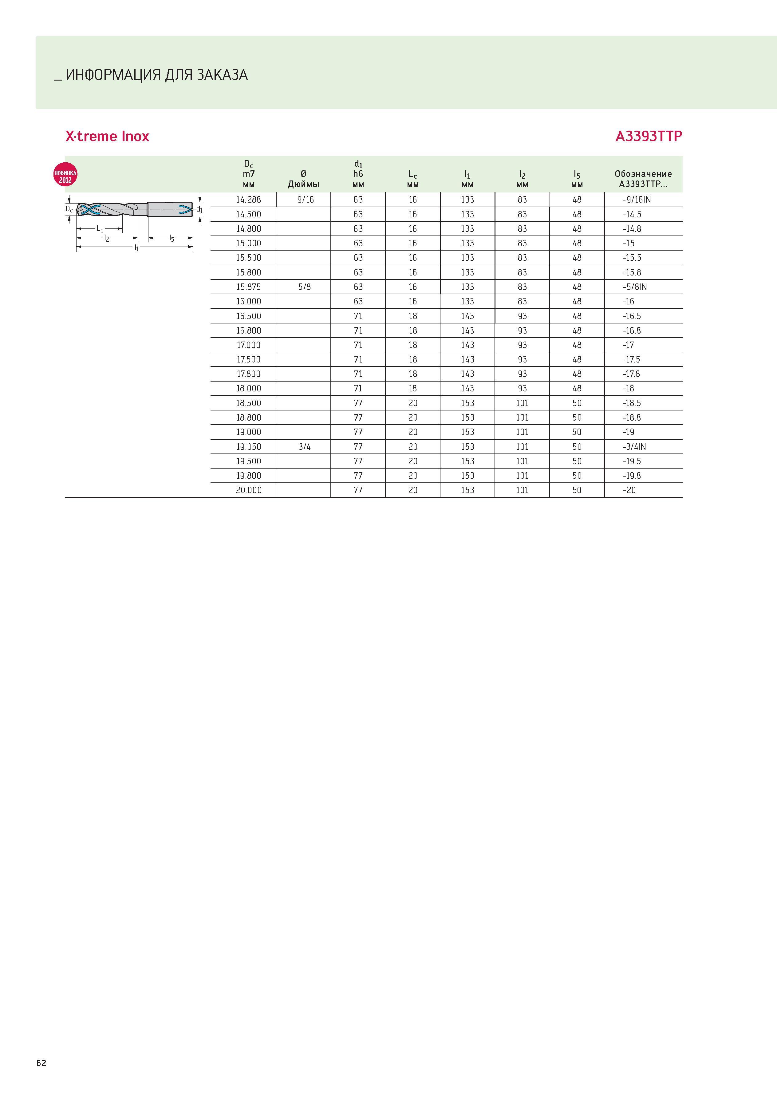 62 ИНФОРМАЦИЯ ДЛЯ ЗАКАЗА Xtreme Inox A3393TTP Dc di НКА m7 0 h6 Lc li l2 l5 Обозначение 12 мм Дюймы мм A3393TTP 14 288 9/16 63 16 133 83 48 -9/16IN Каталог WALTER 2012 Новый режущий и вспомогательный инструмент для механической обработки на металлорежущих станках Вер 12-2 Быстрорежущие метчики Твердосплавные сверла Концевые фрезы Стр. 62