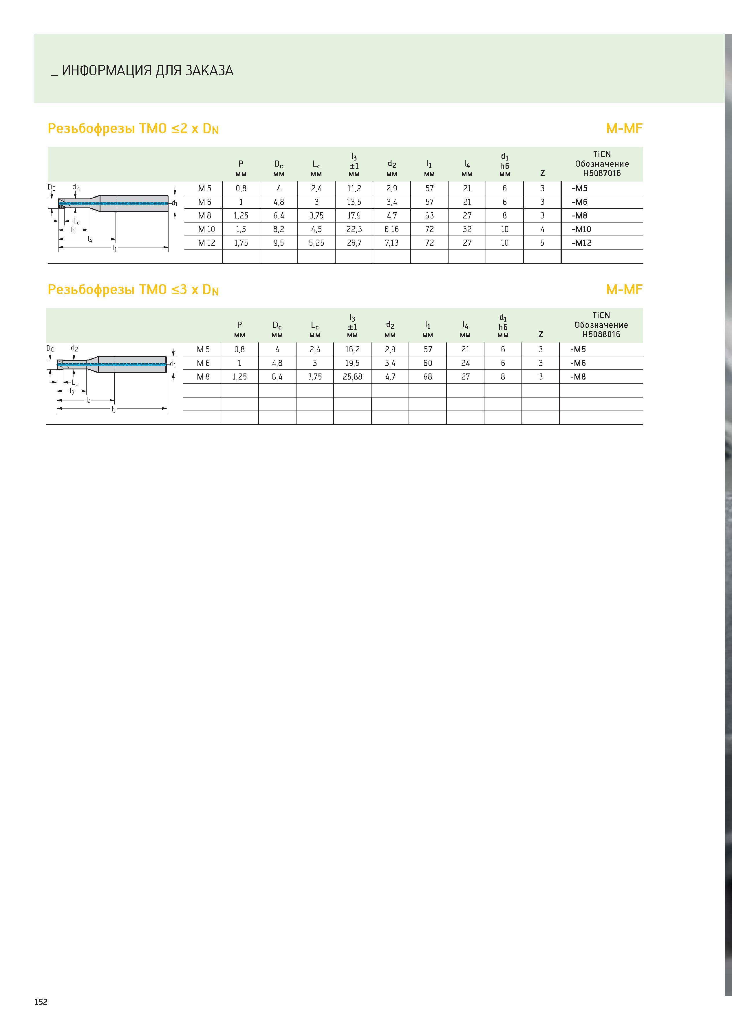 152 ИНФОРМАЦИЯ ДЛЯ ЗАКАЗА Резьбофрезы TMO <2 x Dn m-mf l3 d1 TiCN P Dc Lc ±1 d2 l1 l4 h6 Обозначение мм Z H5087016 Dc d2 M 5 0,8 4 2,4 11,2 2,9 57 21 Каталог WALTER 2012 Новый режущий и вспомогательный инструмент для механической обработки на металлорежущих станках Вер 12-2 Быстрорежущие метчики Твердосплавные сверла Концевые фрезы Стр. 152