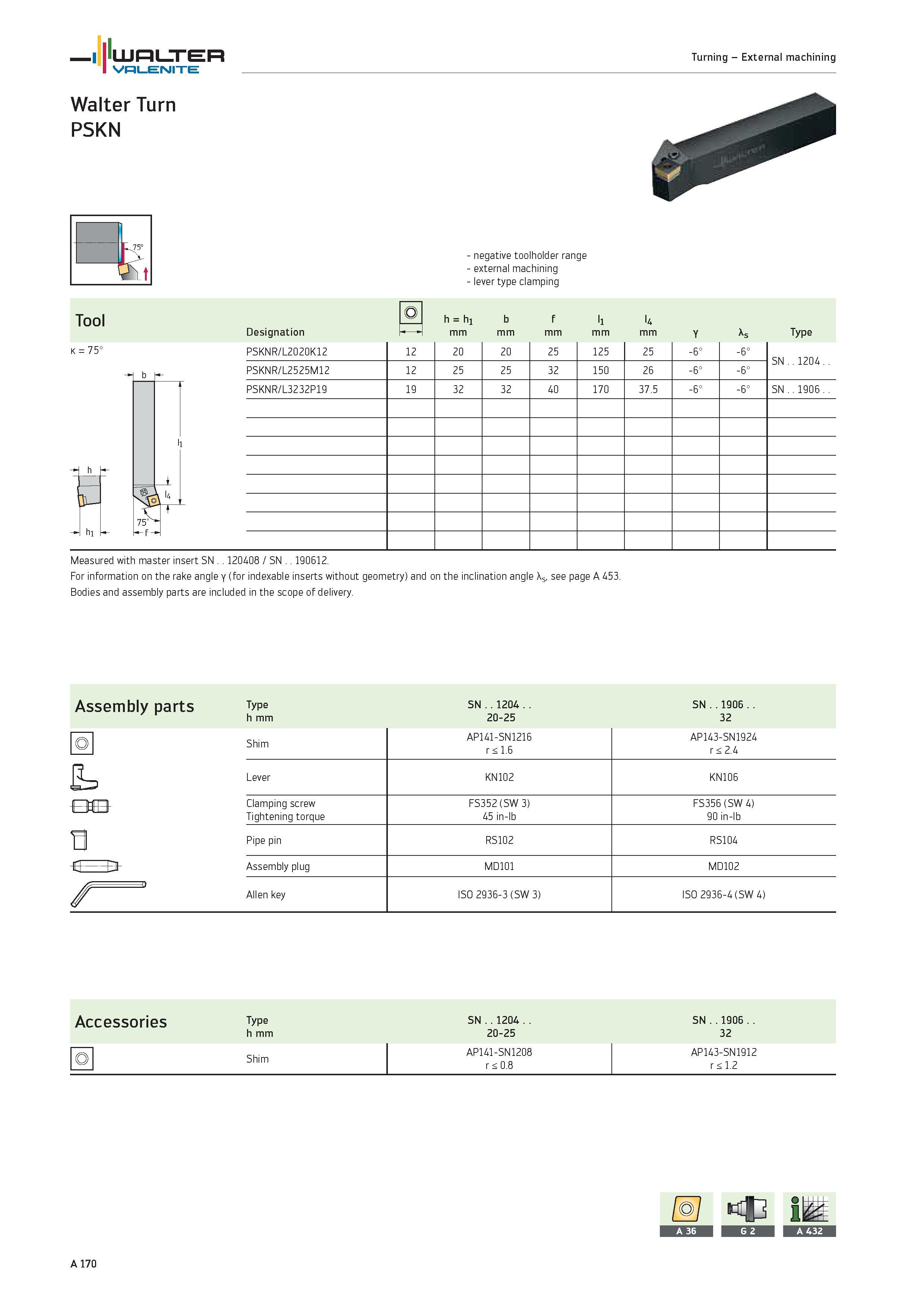 174 WALTER Valenite Turning External machining Walter Turn PSKN k 75° h 3M hi -f- negative toolholder range external machining lever type clamping To Каталог WALTER 2012 Металлорежущий инструмент и инструментальная оснастка Valenite для станков и металлообрабатывающих комплексов Стр. A170