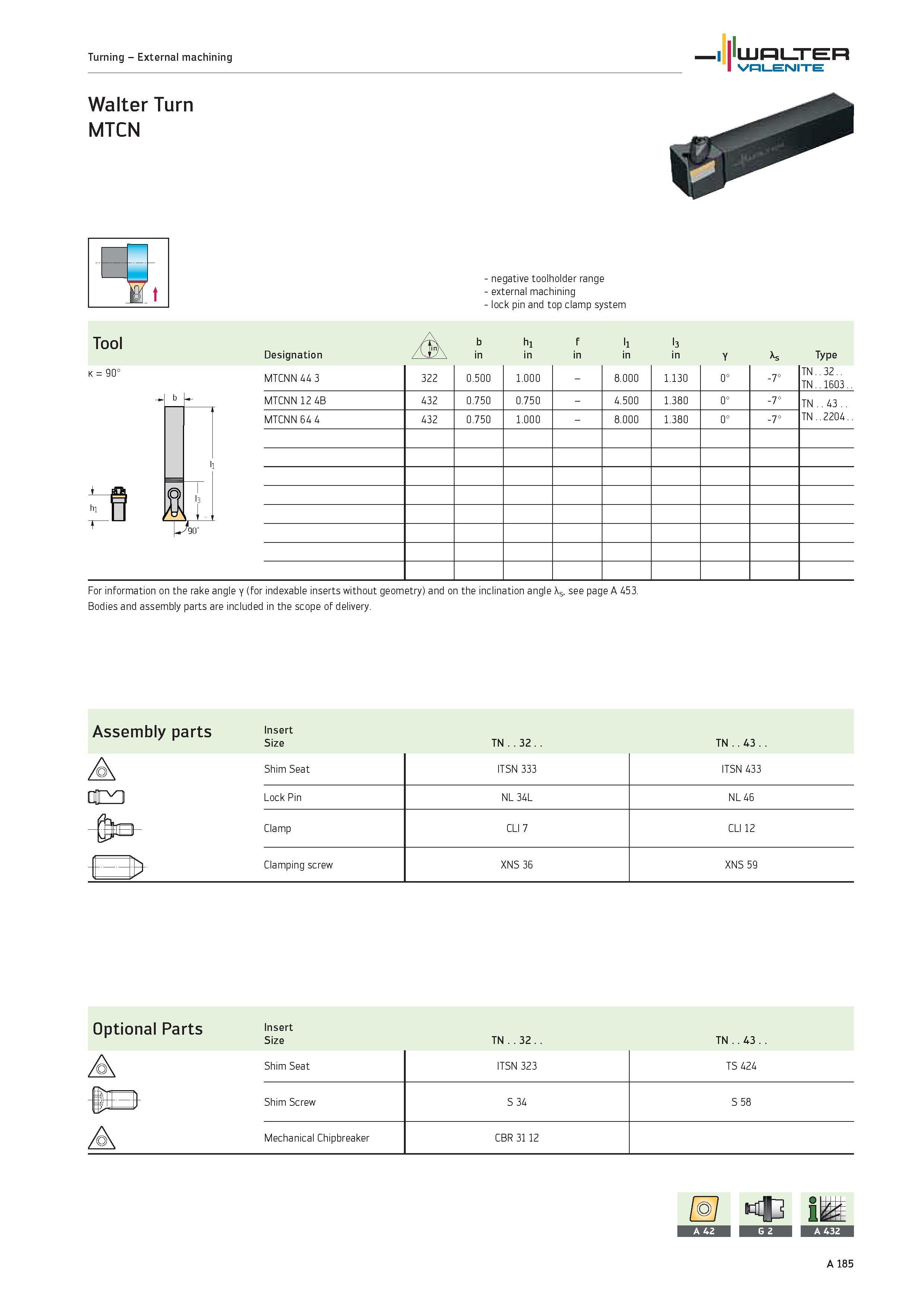 189 Turning External machining WALTER Valenite Walter Turn MTCN K 90° negative toolholder range external machining lock pin and top clamp system Tool Каталог WALTER 2012 Металлорежущий инструмент и инструментальная оснастка Valenite для станков и металлообрабатывающих комплексов Стр. A185