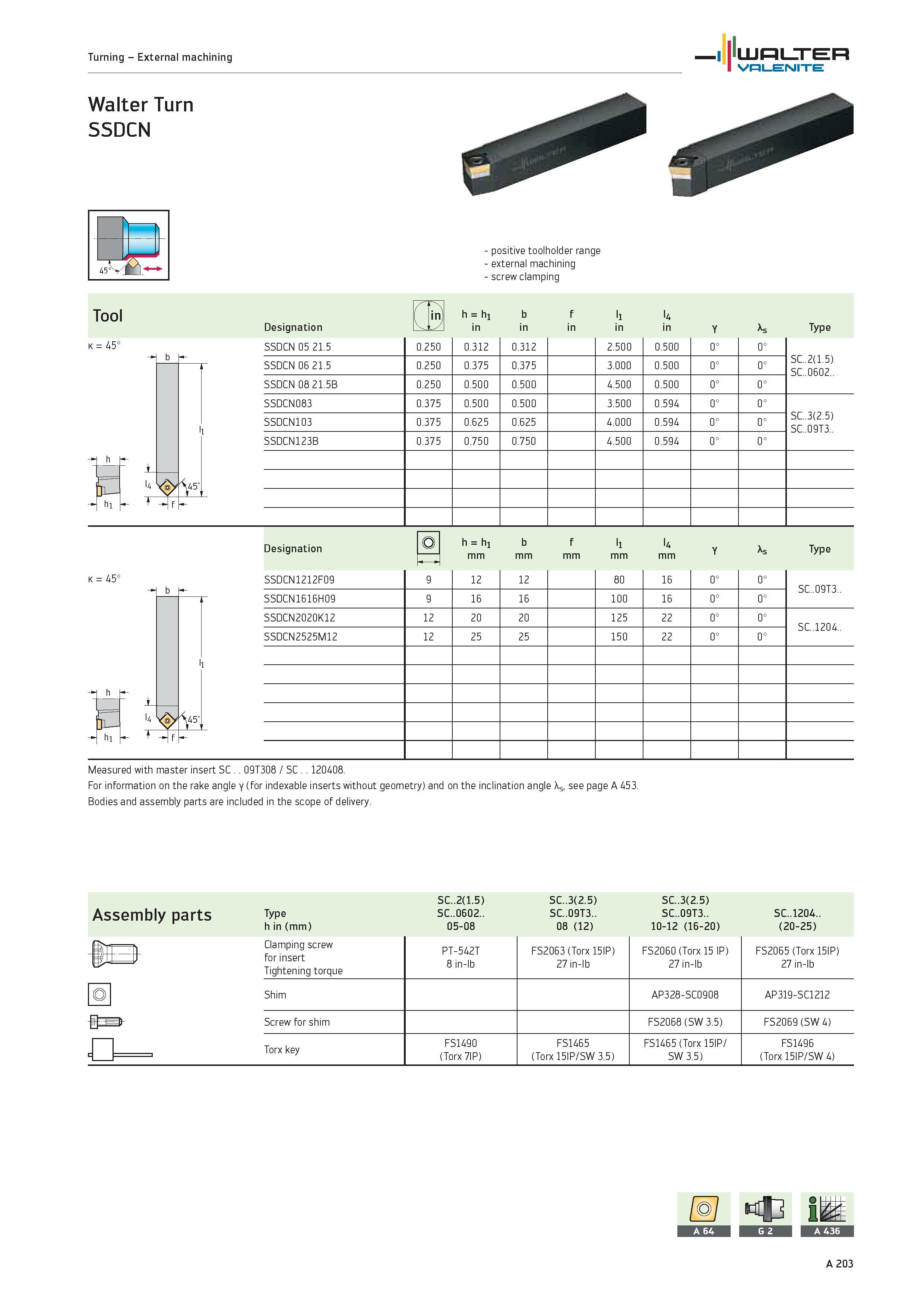 207 Turning External machining WALTER Valenite Walter Turn SSDCN K 45° positive toolholder range external machining screw clamping Tool ( in h hi b f Каталог WALTER 2012 Металлорежущий инструмент и инструментальная оснастка Valenite для станков и металлообрабатывающих комплексов Стр. A203