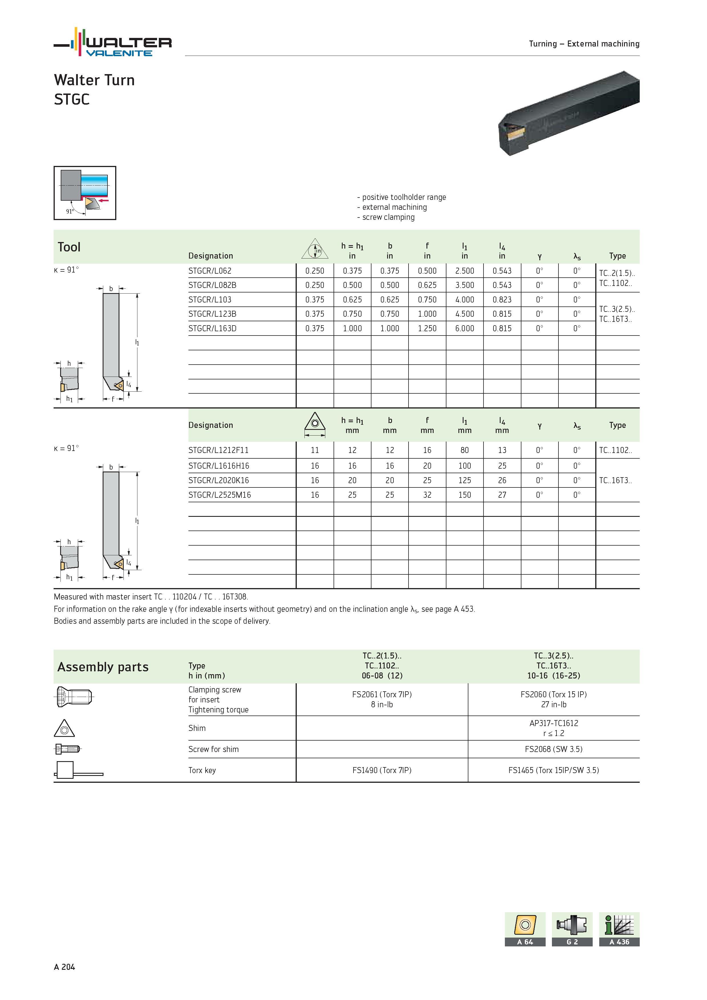 208 WALTER Valenite Turning External machining Walter Turn STGC positive toolholder range external machining screw clamping Tool h h1 b f l1 l4 Desig Каталог WALTER 2012 Металлорежущий инструмент и инструментальная оснастка Valenite для станков и металлообрабатывающих комплексов Стр. A204