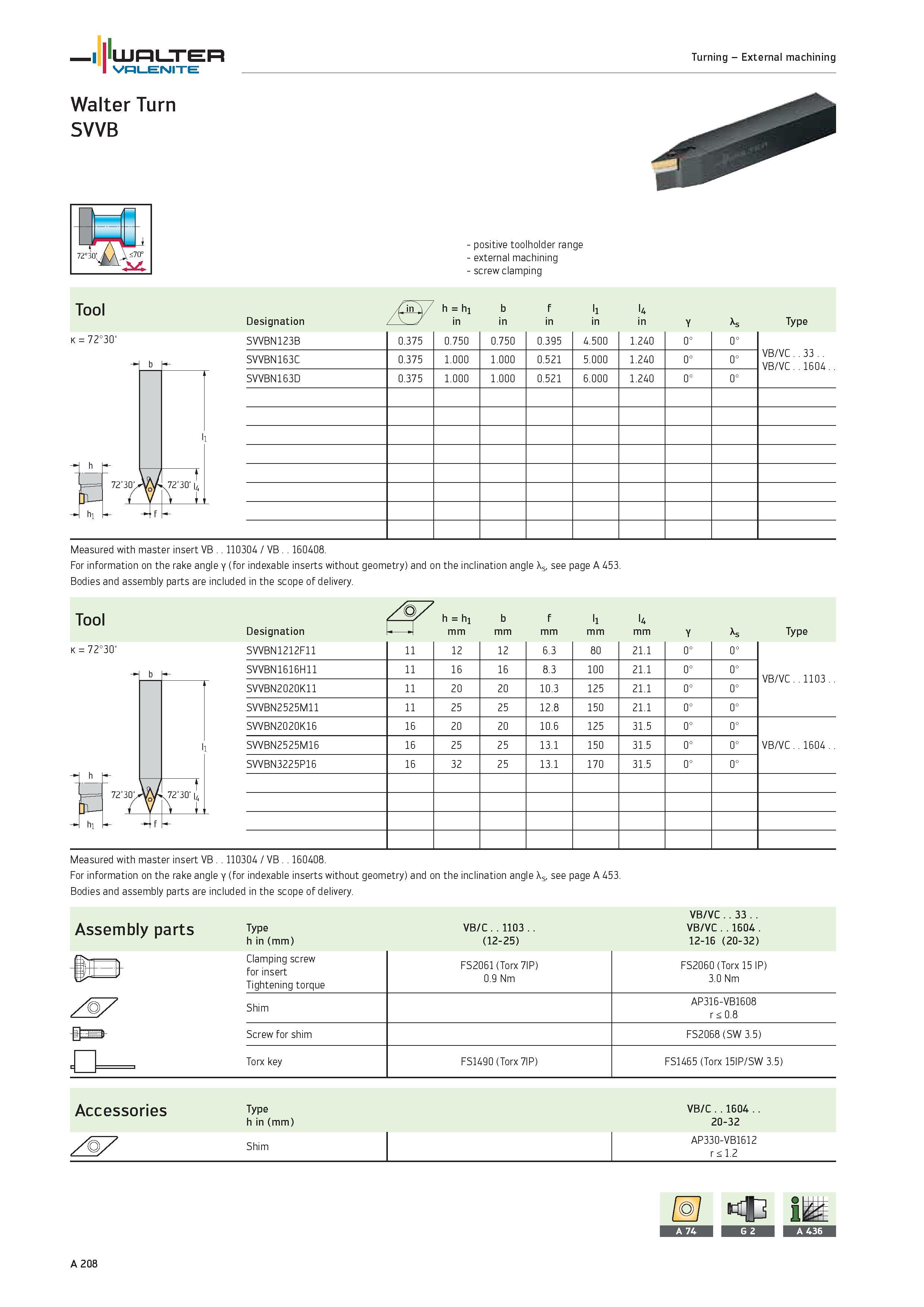 212 - positive toolholder range external machining screw clamping Tool /jnj/ / h h1 b f l1 l4 Designation in Y As Type k 72°30' SVVBN123B 0 375 0 750 Каталог WALTER 2012 Металлорежущий инструмент и инструментальная оснастка Valenite для станков и металлообрабатывающих комплексов Стр. A208