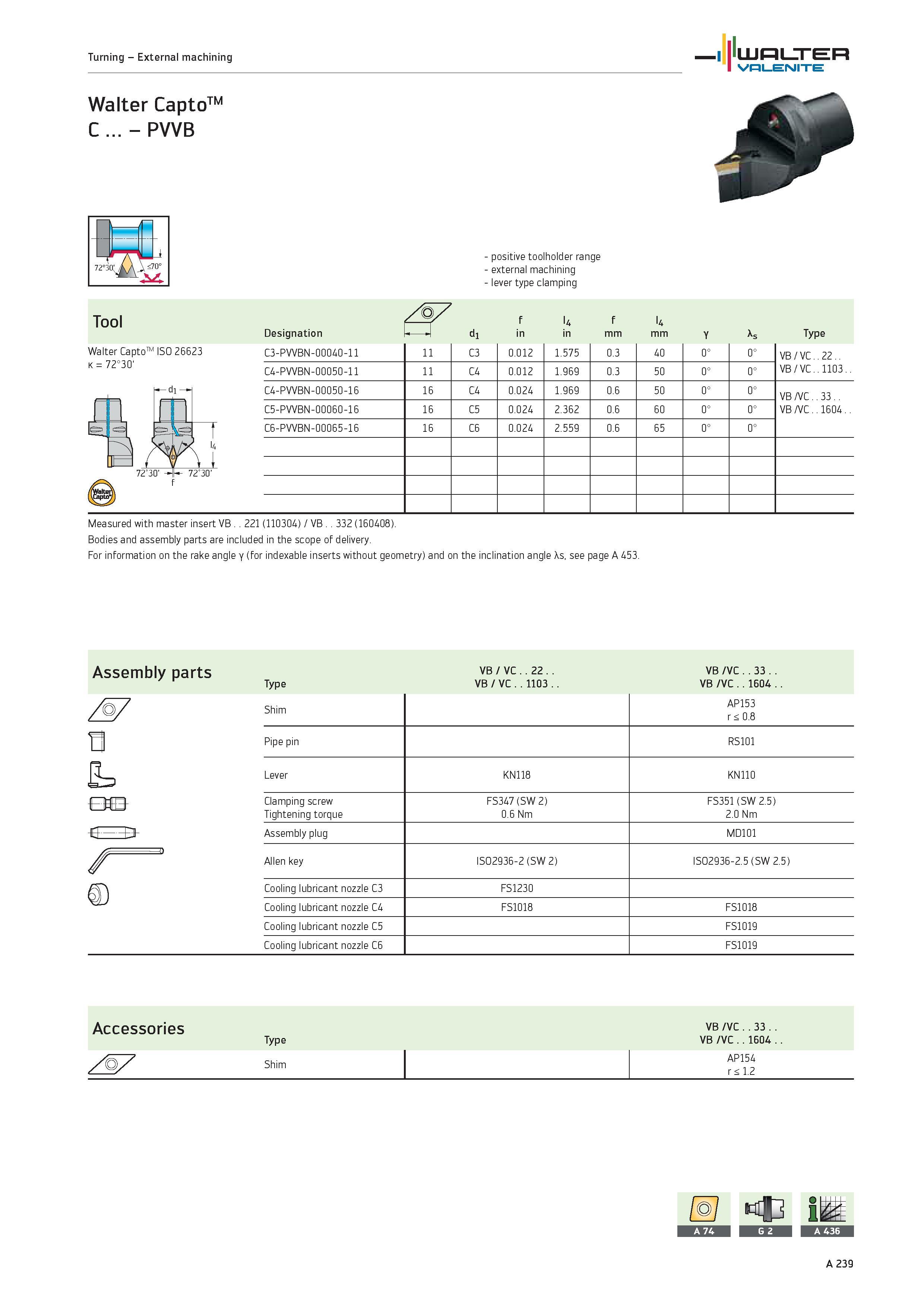 243 Turning External machining WALTER Valenite Walter CaptoTM C PVVB positive toolholder range external machining lever type clamping Measured with m Каталог WALTER 2012 Металлорежущий инструмент и инструментальная оснастка Valenite для станков и металлообрабатывающих комплексов Стр. A239