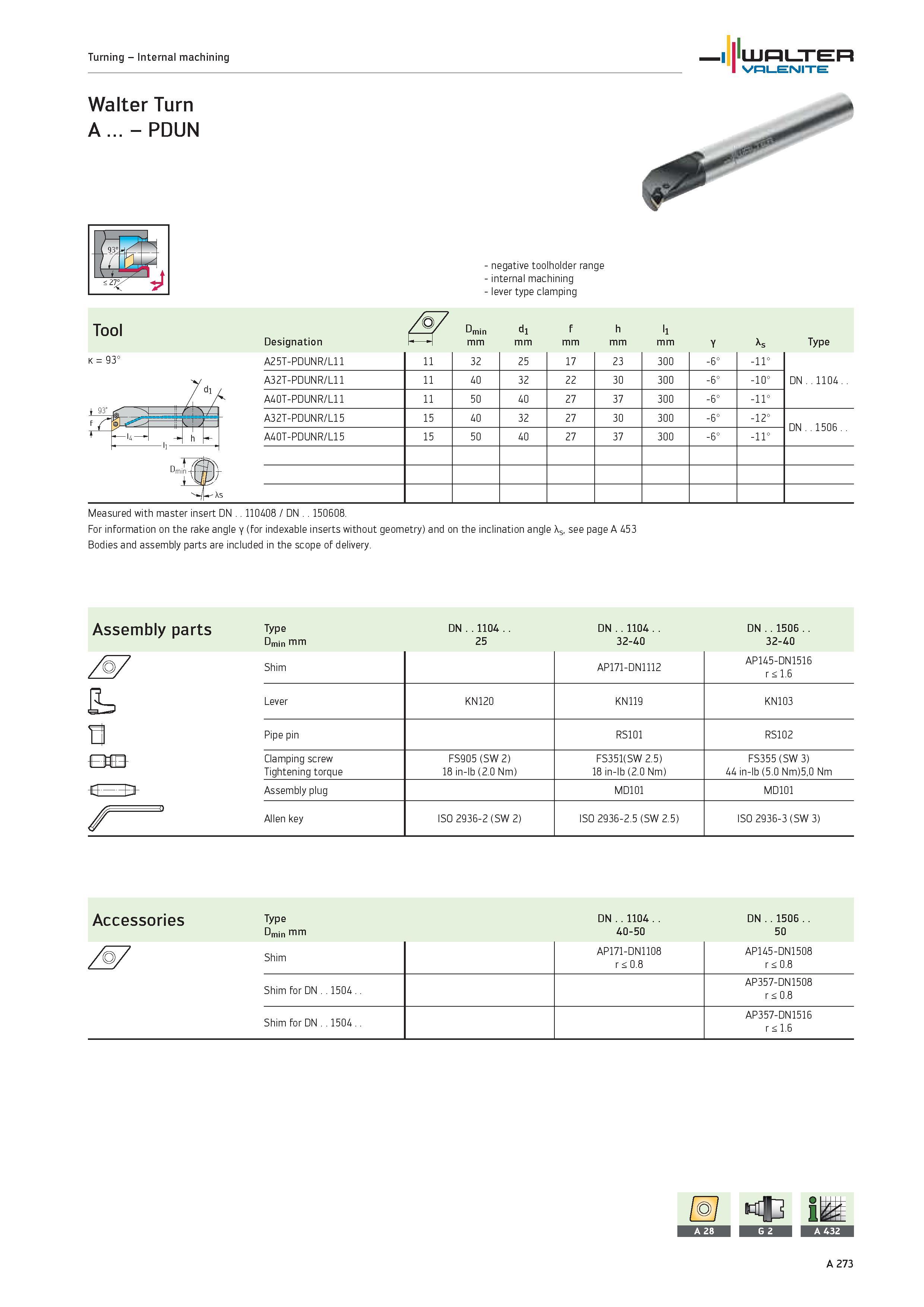 277 Turning Internal machining WALTER Valenite Walter Turn A PDUN k 93° negative toolholder range internal machining lever type clamping Tool M7 Dmin Каталог WALTER 2012 Металлорежущий инструмент и инструментальная оснастка Valenite для станков и металлообрабатывающих комплексов Стр. A273