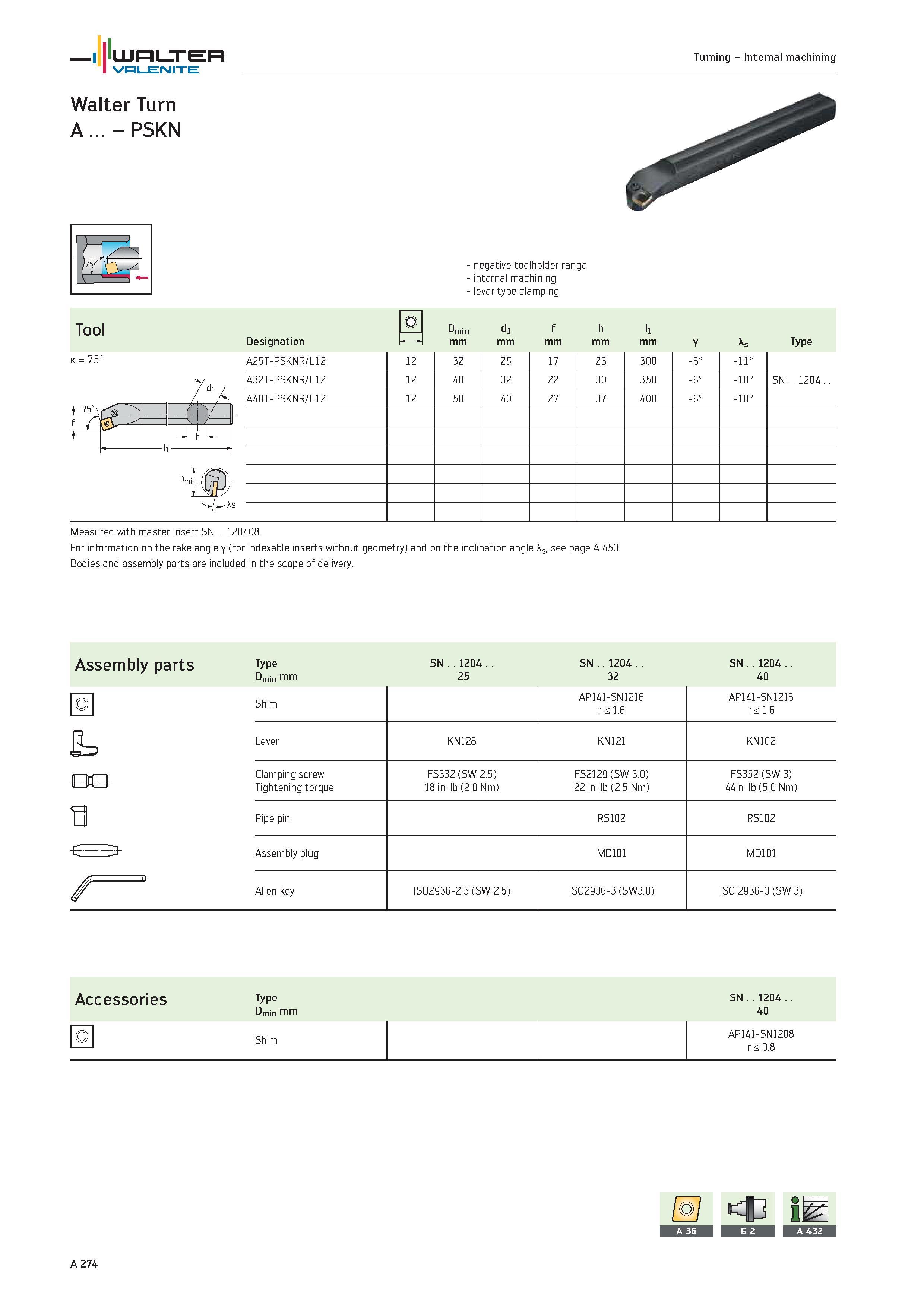278 WALTER Valenite Turning Internal machining k 75° negative toolholder range internal machining lever type clamping Tool o Dmin d1 f h l1 Designati Каталог WALTER 2012 Металлорежущий инструмент и инструментальная оснастка Valenite для станков и металлообрабатывающих комплексов Стр. A274
