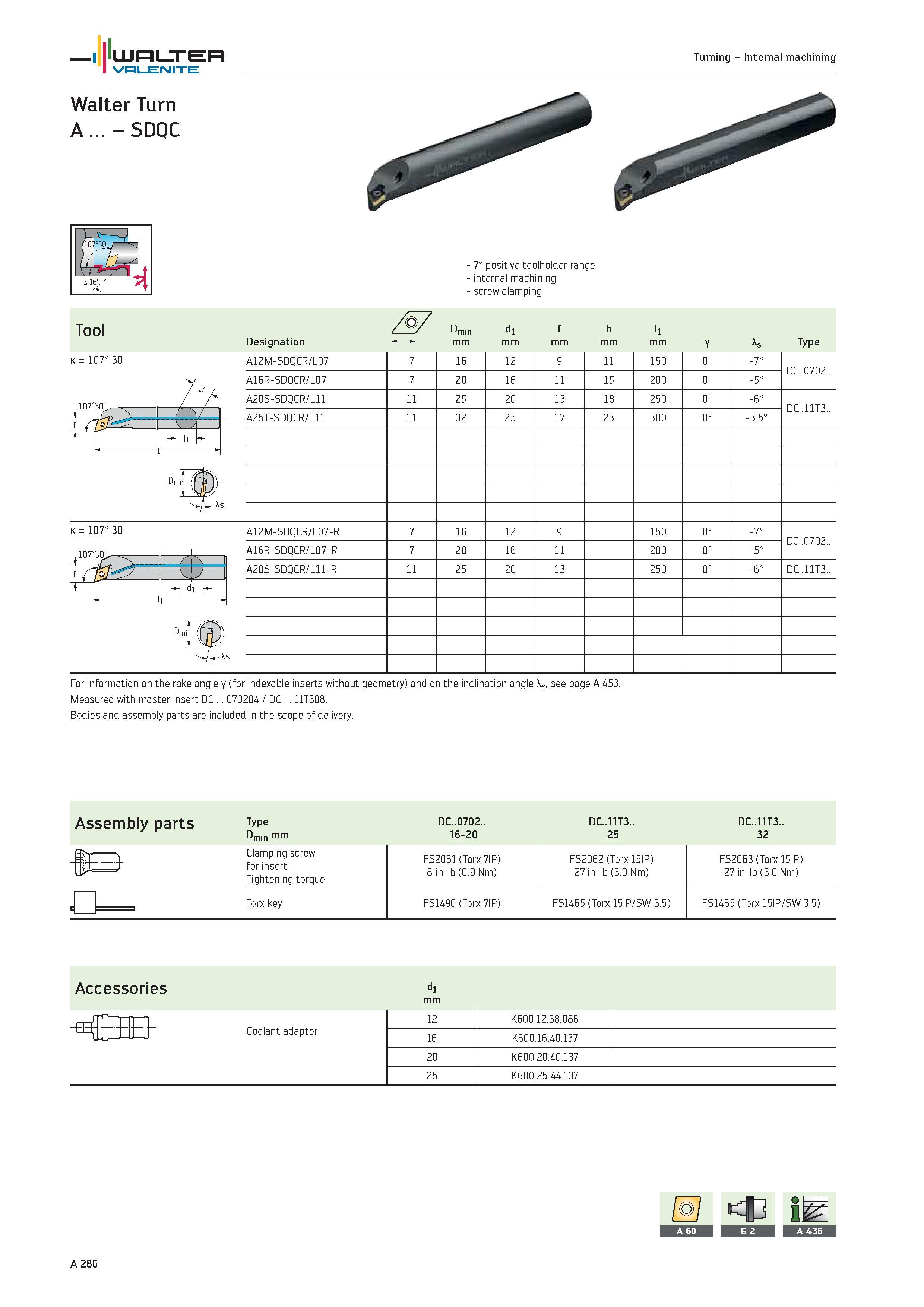 290 WALTER Valenite Turning Internal machining Walter Turn A SDQC k 107° 30' 7° positive toolholder range internal machining screw clamping Tool M7 D Каталог WALTER 2012 Металлорежущий инструмент и инструментальная оснастка Valenite для станков и металлообрабатывающих комплексов Стр. A286