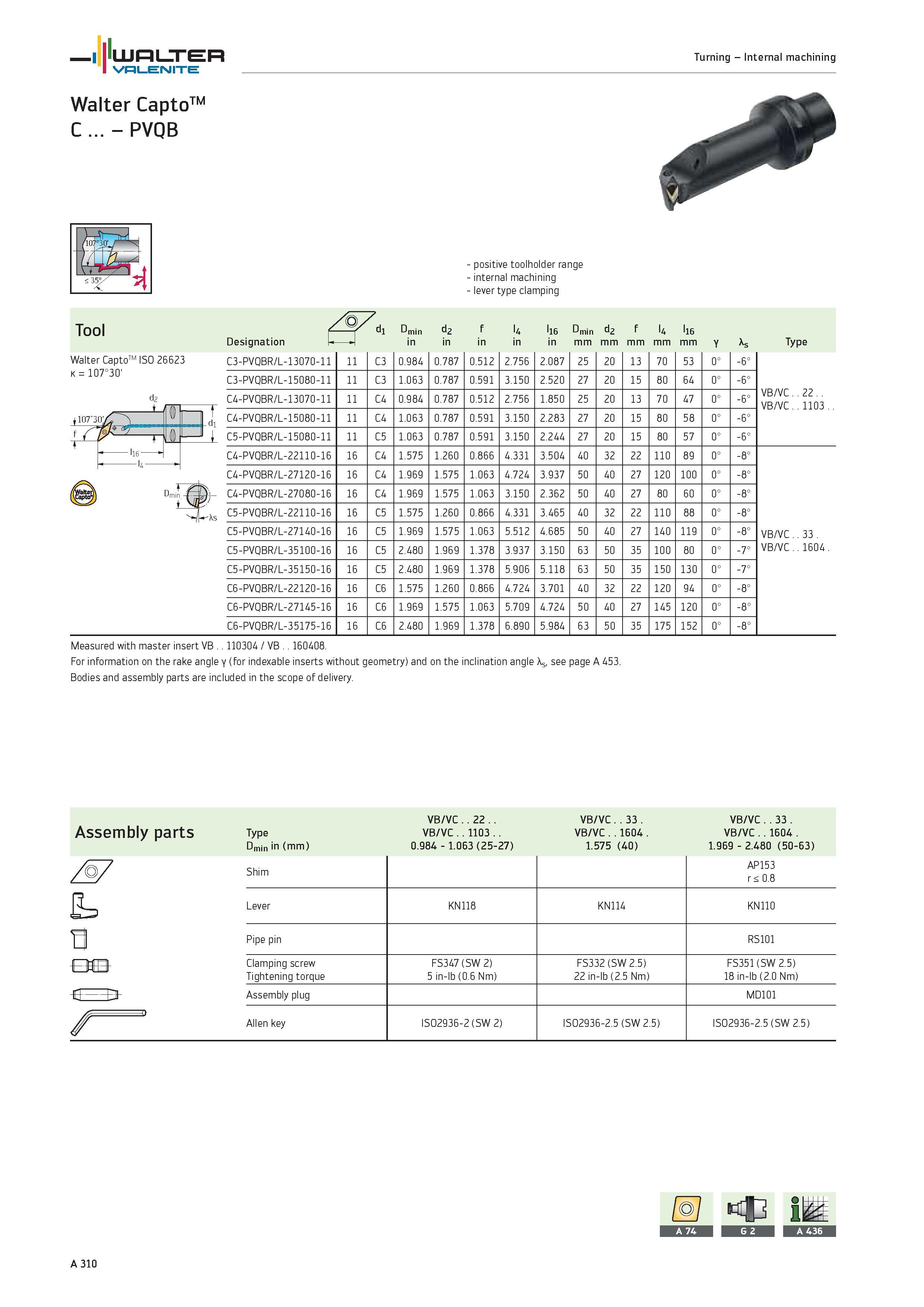 314 WALTER Valenite Walter CaptoTM C PVQB Turning Internal machining Tool Walter CaptoTM ISO 26623 K 107°30‘ positive toolholder range internal machi Каталог WALTER 2012 Металлорежущий инструмент и инструментальная оснастка Valenite для станков и металлообрабатывающих комплексов Стр. A310