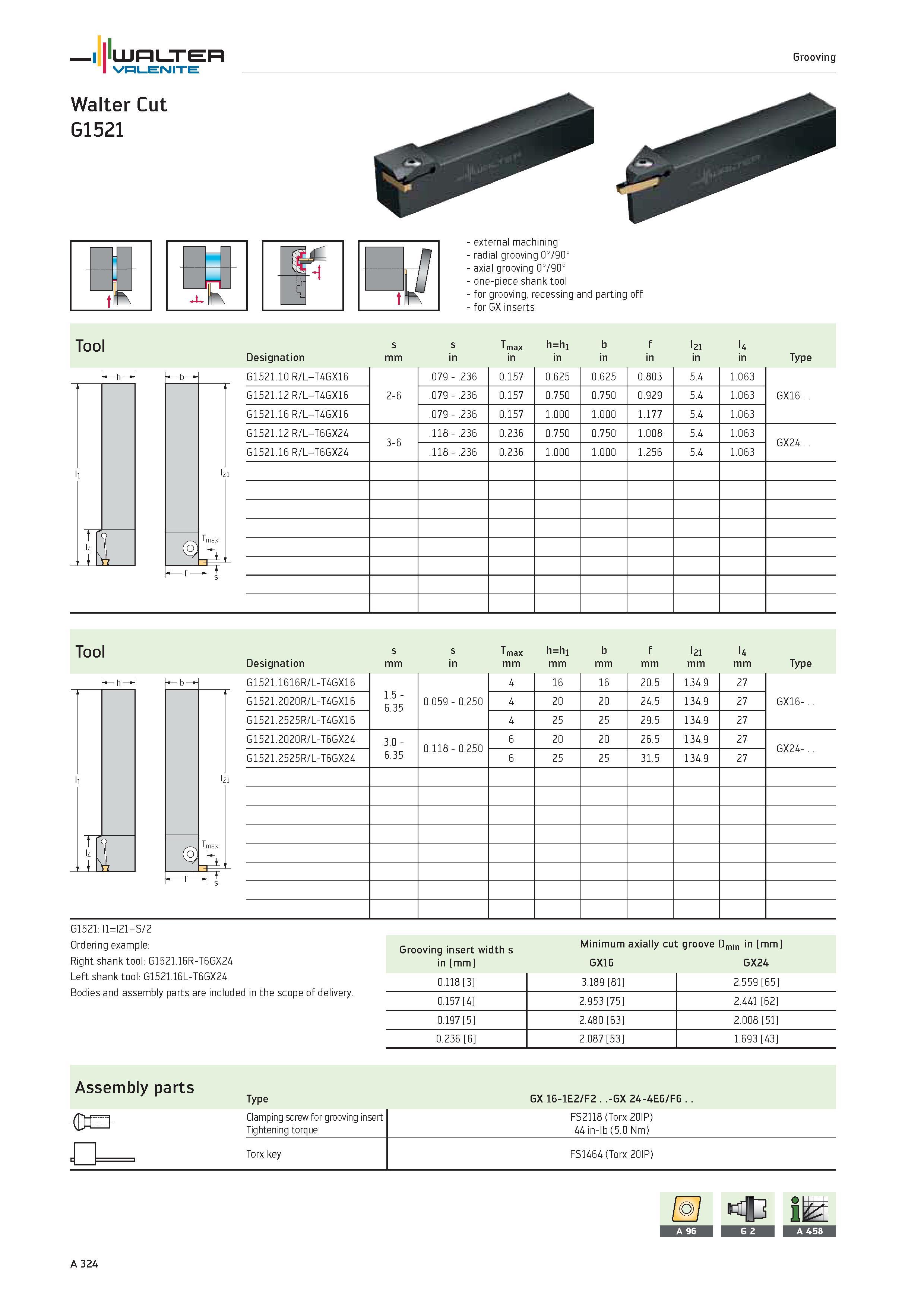 328 WALTER Valenite Grooving Walter Cut G1521 external machining radial grooving 0°/90° axial grooving 0°/90° one-piece shank tool for grooving, rece Каталог WALTER 2012 Металлорежущий инструмент и инструментальная оснастка Valenite для станков и металлообрабатывающих комплексов Стр. A324