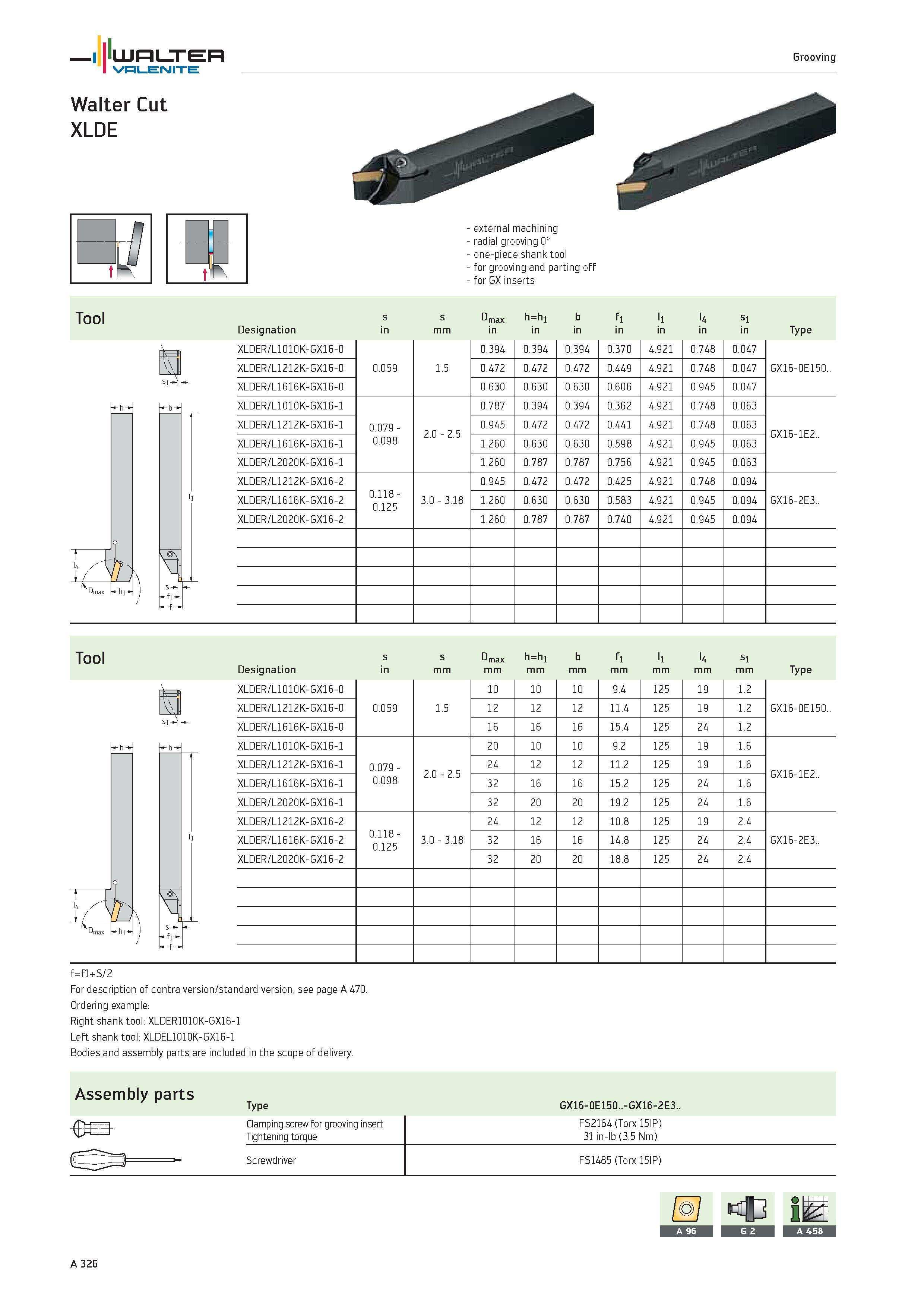330 WALTER Valenite Grooving Walter Cut XLDE external machining radial grooving 0° one-piece shank tool for grooving and parting off for GX inserts T Каталог WALTER 2012 Металлорежущий инструмент и инструментальная оснастка Valenite для станков и металлообрабатывающих комплексов Стр. A326