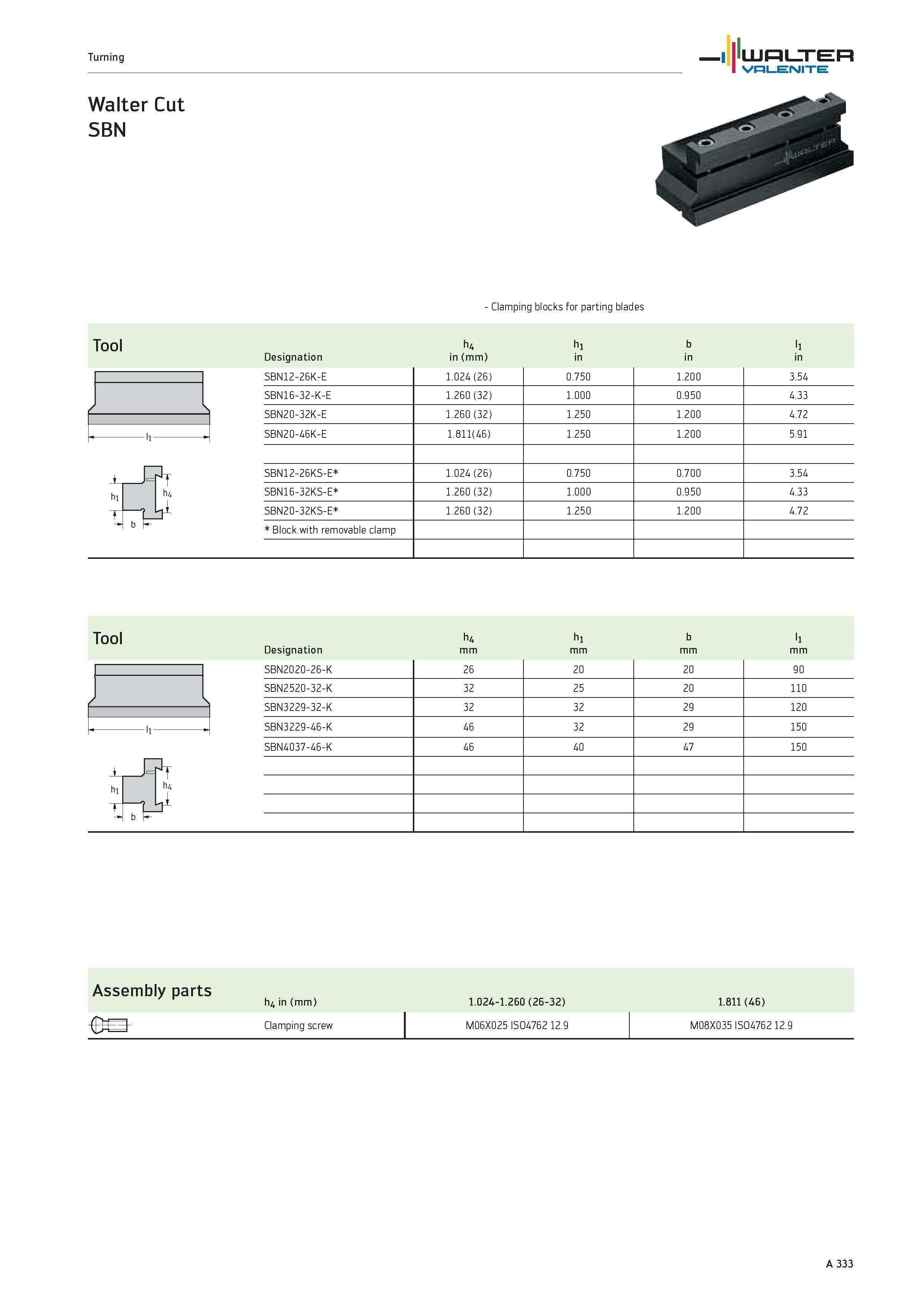 337 Turning I LUO LITER I Valenite Clamping blocks for parting blades Tool h4 h1 b l1 Designation in (mm) in SBN12-26K-E 1 024 (26) 0 750 1 200 3 54 Каталог WALTER 2012 Металлорежущий инструмент и инструментальная оснастка Valenite для станков и металлообрабатывающих комплексов Стр. A333