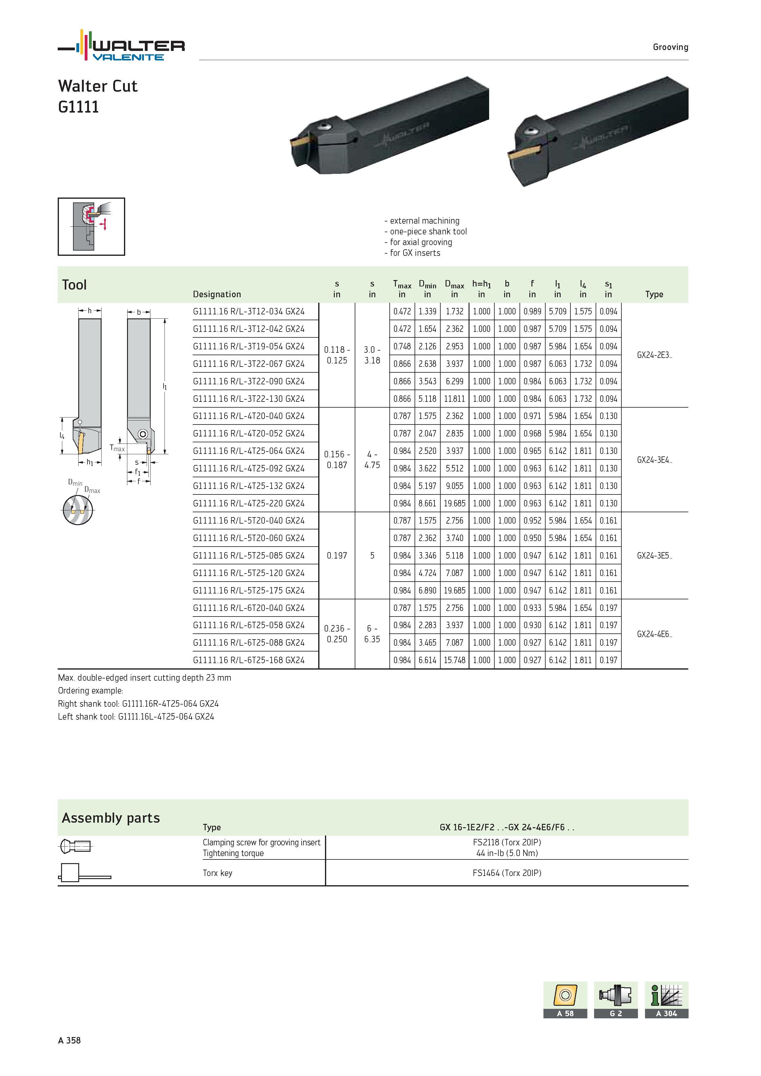 362 WALTER Valenite Grooving Walter Cut Gllll external machining one-piece shank tool for axial grooving for GX inserts Tool Tmax SH -fl- f- Designat Каталог WALTER 2012 Металлорежущий инструмент и инструментальная оснастка Valenite для станков и металлообрабатывающих комплексов Стр. A358