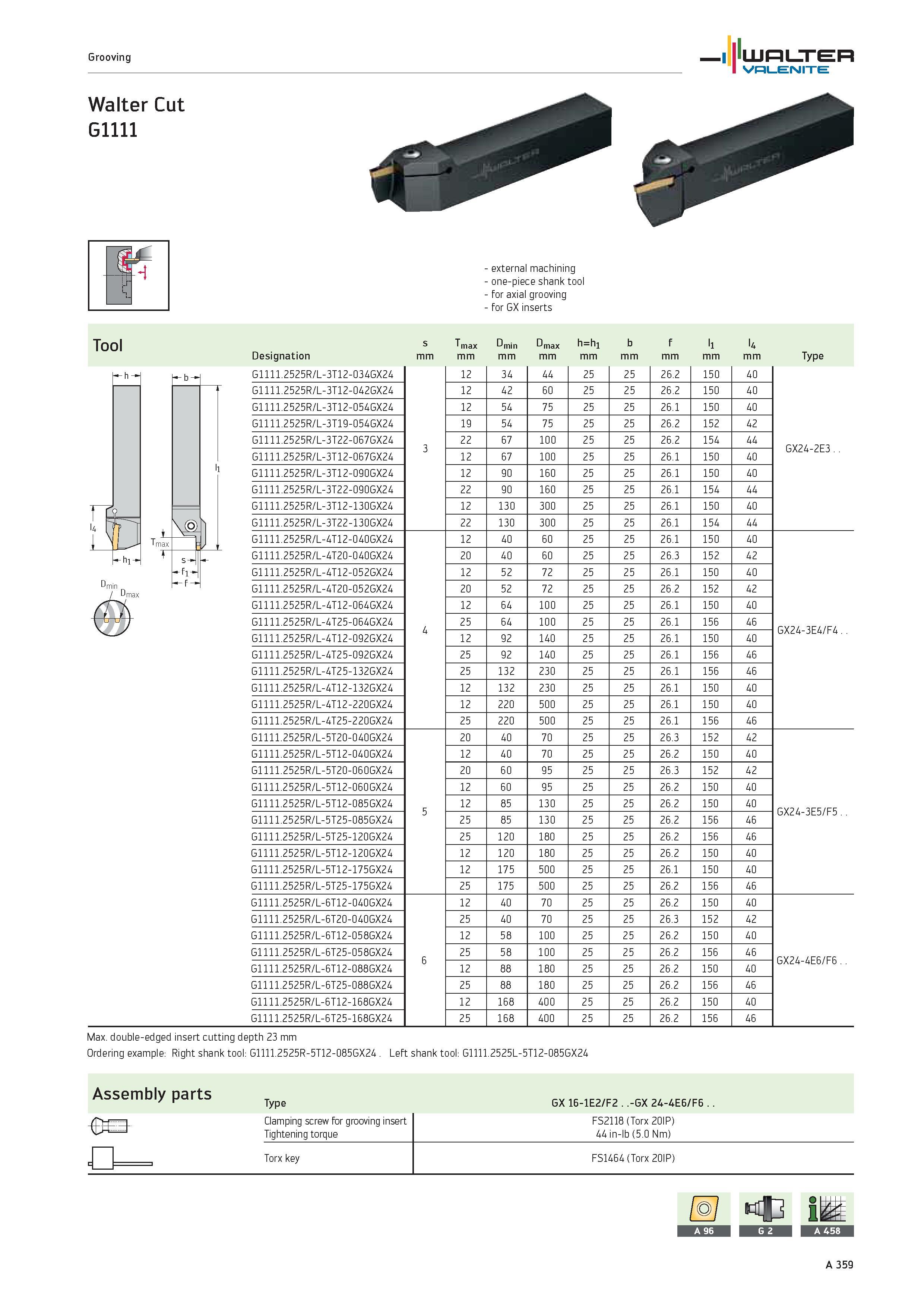 363 Grooving WALTER Valenite Walter Cut G1111 -i Tool -hi Tmax T external machining one-piece shank tool for axial grooving for GX inserts s Tmax Dmi Каталог WALTER 2012 Металлорежущий инструмент и инструментальная оснастка Valenite для станков и металлообрабатывающих комплексов Стр. A359