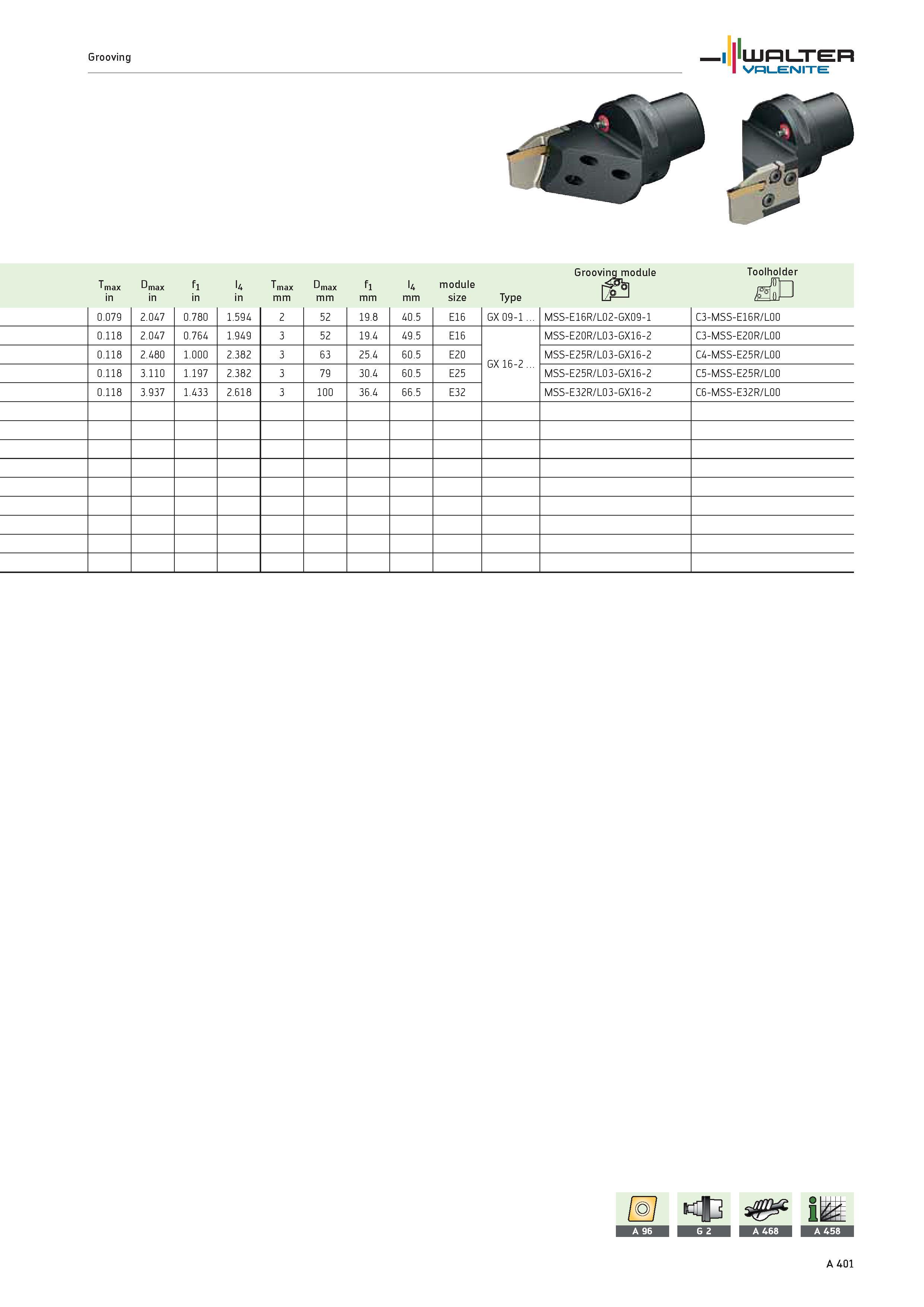 405 Grooving WALTER Valenite Grooving module module Toolholder JTn 0 079 2 047 0 780 1 594 2 52 19 8 40 5 E16 GX 09-1 MSS-E16R/L02-GX09-1 C3-MSS-E16R Каталог WALTER 2012 Металлорежущий инструмент и инструментальная оснастка Valenite для станков и металлообрабатывающих комплексов Стр. A401