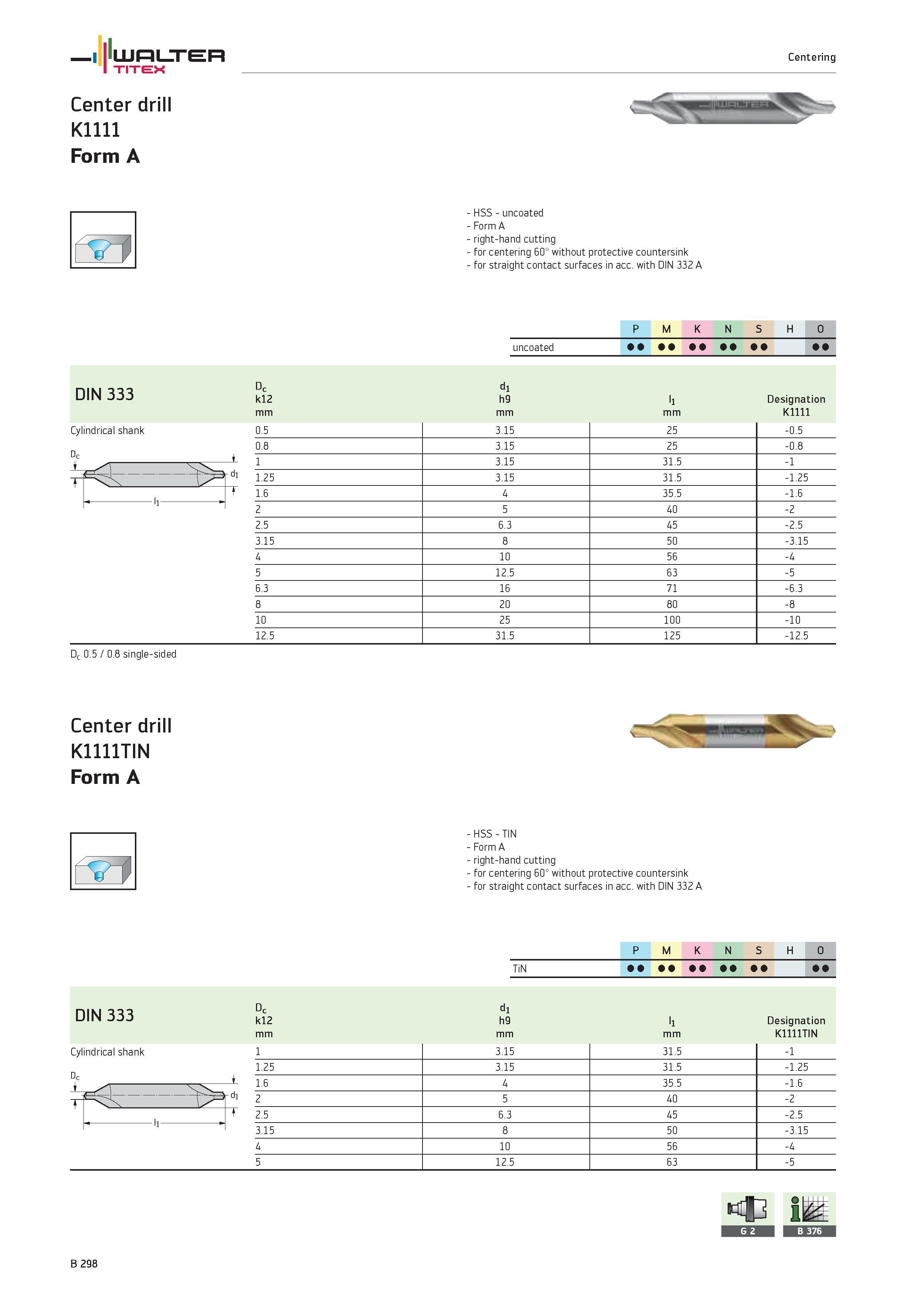796 WALTER TITEX Centering Center drill K1111 Form A rvt1 HSS uncoated Form A right-hand cutting for centering 60° without protective countersink for Каталог WALTER 2012 Металлорежущий инструмент и инструментальная оснастка Valenite для станков и металлообрабатывающих комплексов Стр. B298