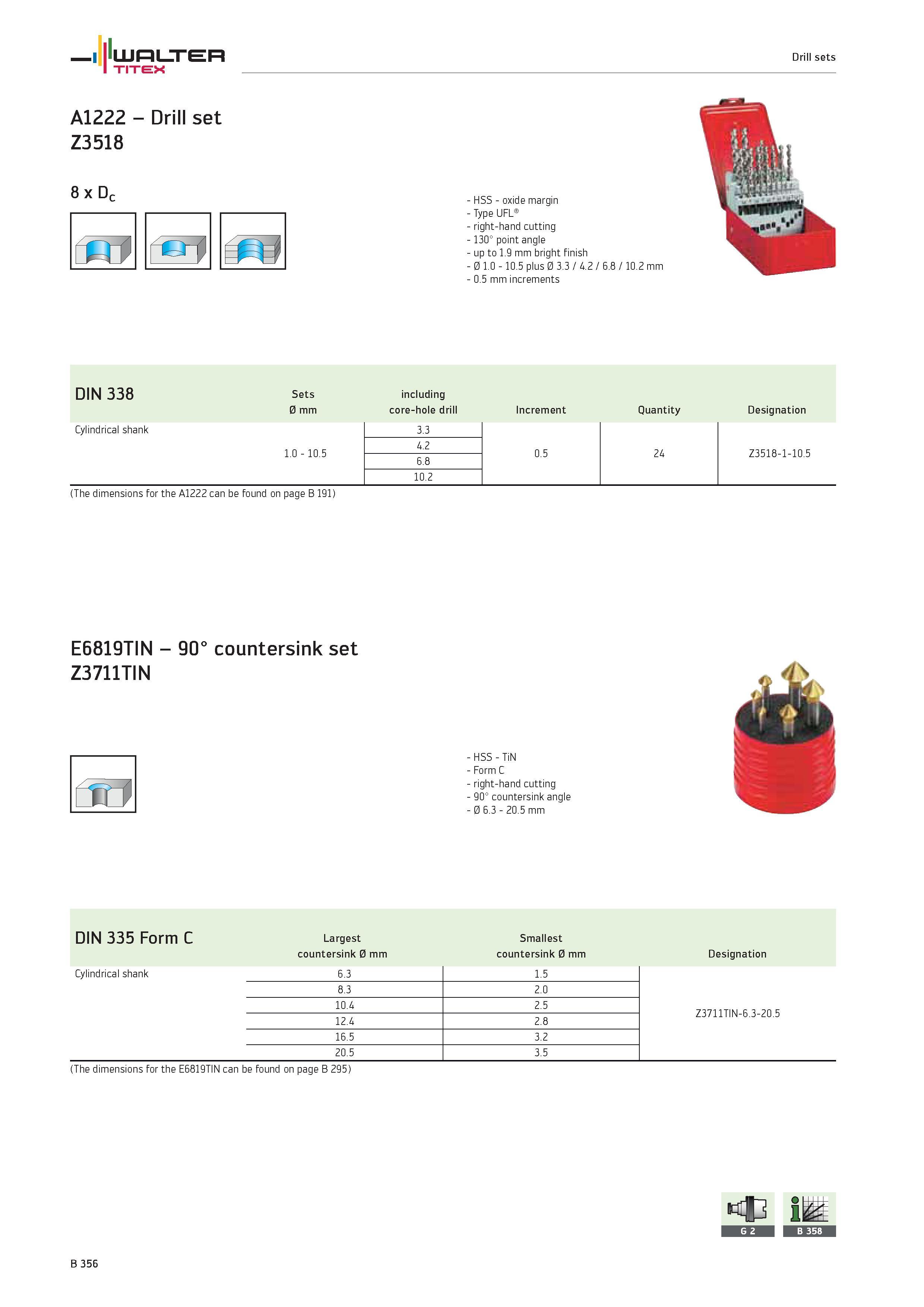 854 WALTER TITEX Drill sets A1222 Drill set Z3518 8 x Dc HSS oxide margin Type UFL right-hand cutting 130° point angle up to 1 9 mm bright finish 0 1 Каталог WALTER 2012 Металлорежущий инструмент и инструментальная оснастка Valenite для станков и металлообрабатывающих комплексов Стр. B356