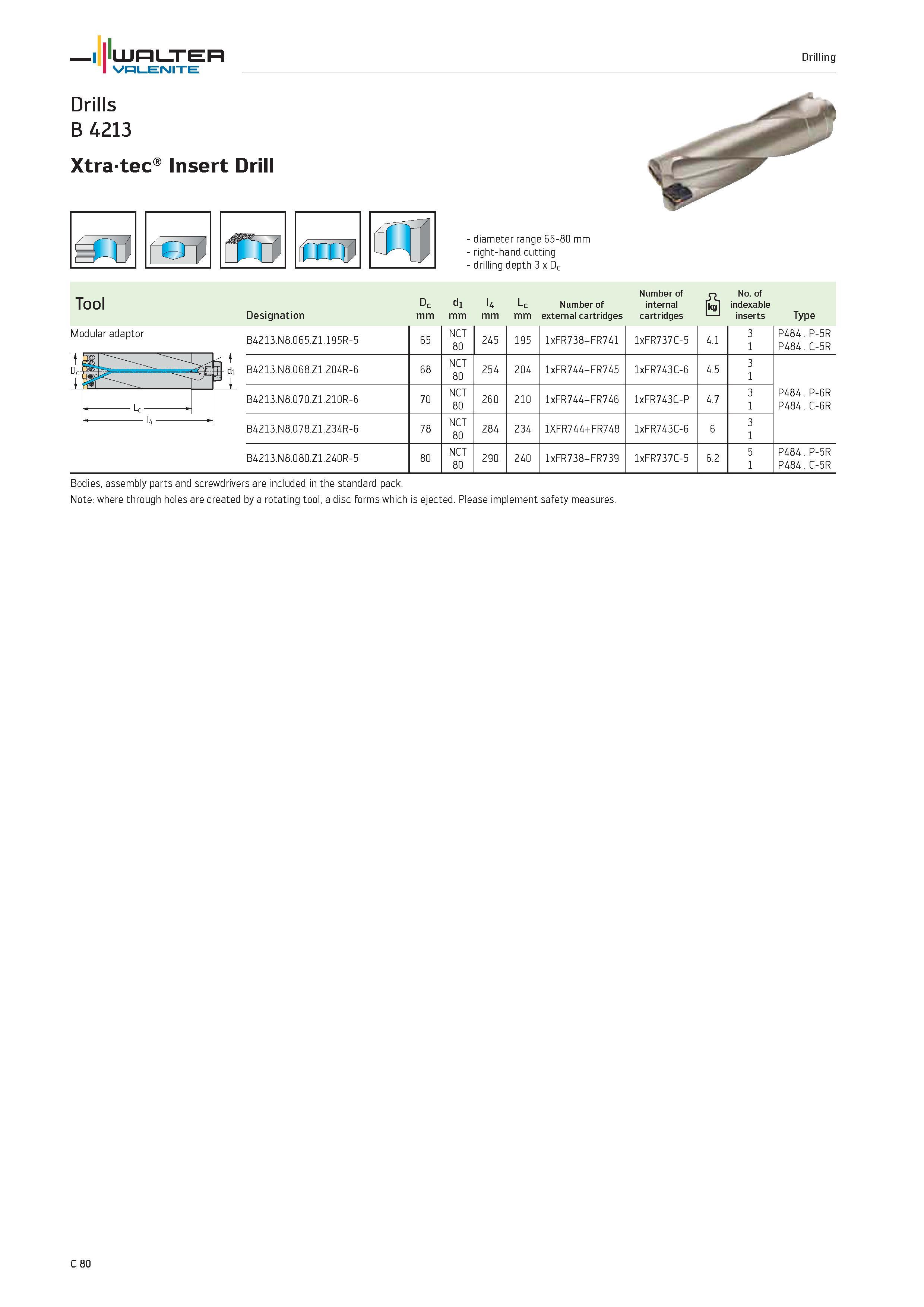 982 WALTER Valenite Drilling Drills B 4213 Xtra-tec1' Insert Drill re oxjp an diameter range 65-80 mm right-hand cutting drilling depth 3 x Dc Tool N Каталог WALTER 2012 Металлорежущий инструмент и инструментальная оснастка Valenite для станков и металлообрабатывающих комплексов Стр. C80