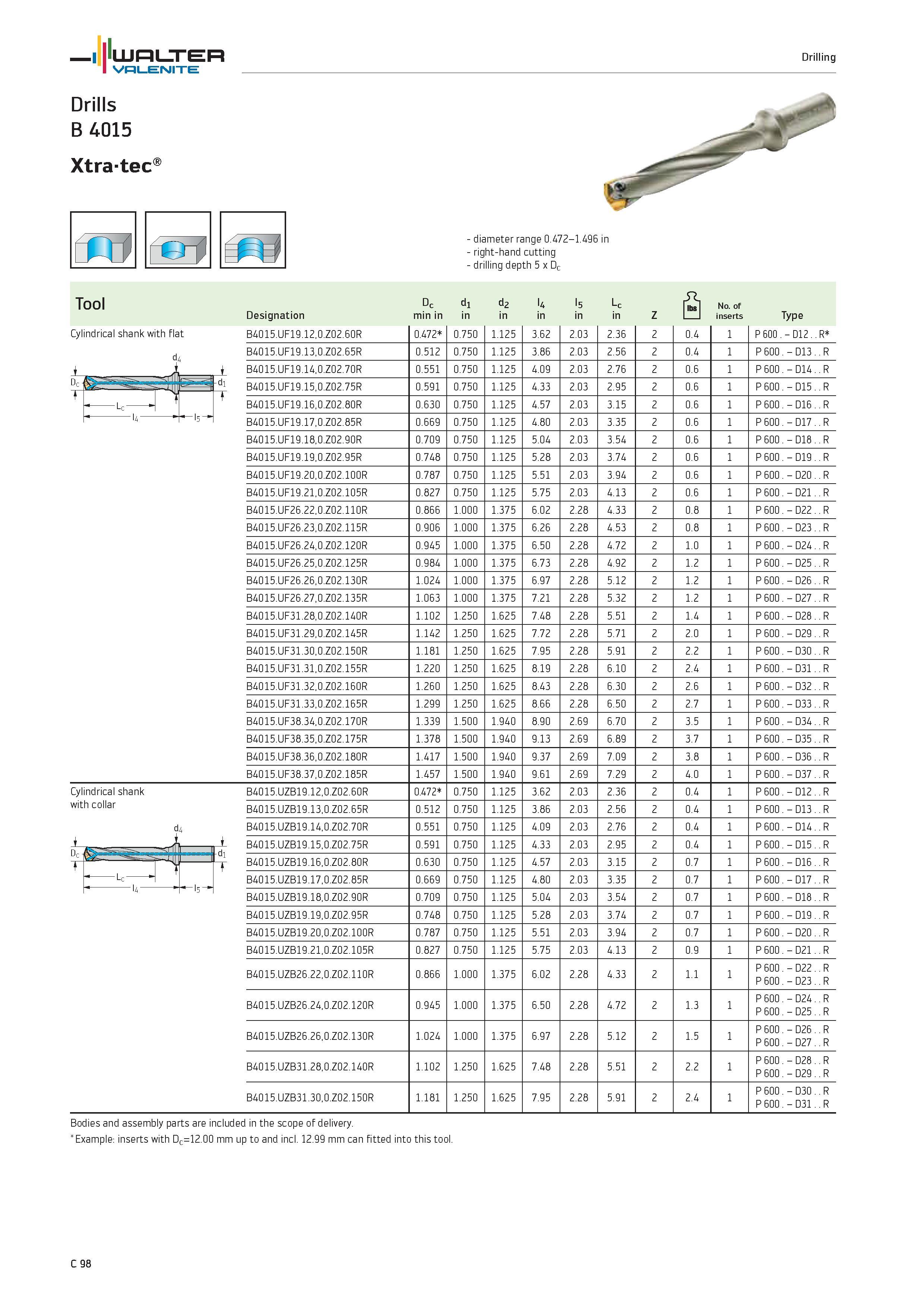 1000 WALTER Valenite Drills B 4015 Xtra-tec Drilling fil re diameter range 0 472-1 496 in right-hand cutting drilling depth 5 x Dc Tool Designation Dc Каталог WALTER 2012 Металлорежущий инструмент и инструментальная оснастка Valenite для станков и металлообрабатывающих комплексов Стр. C98