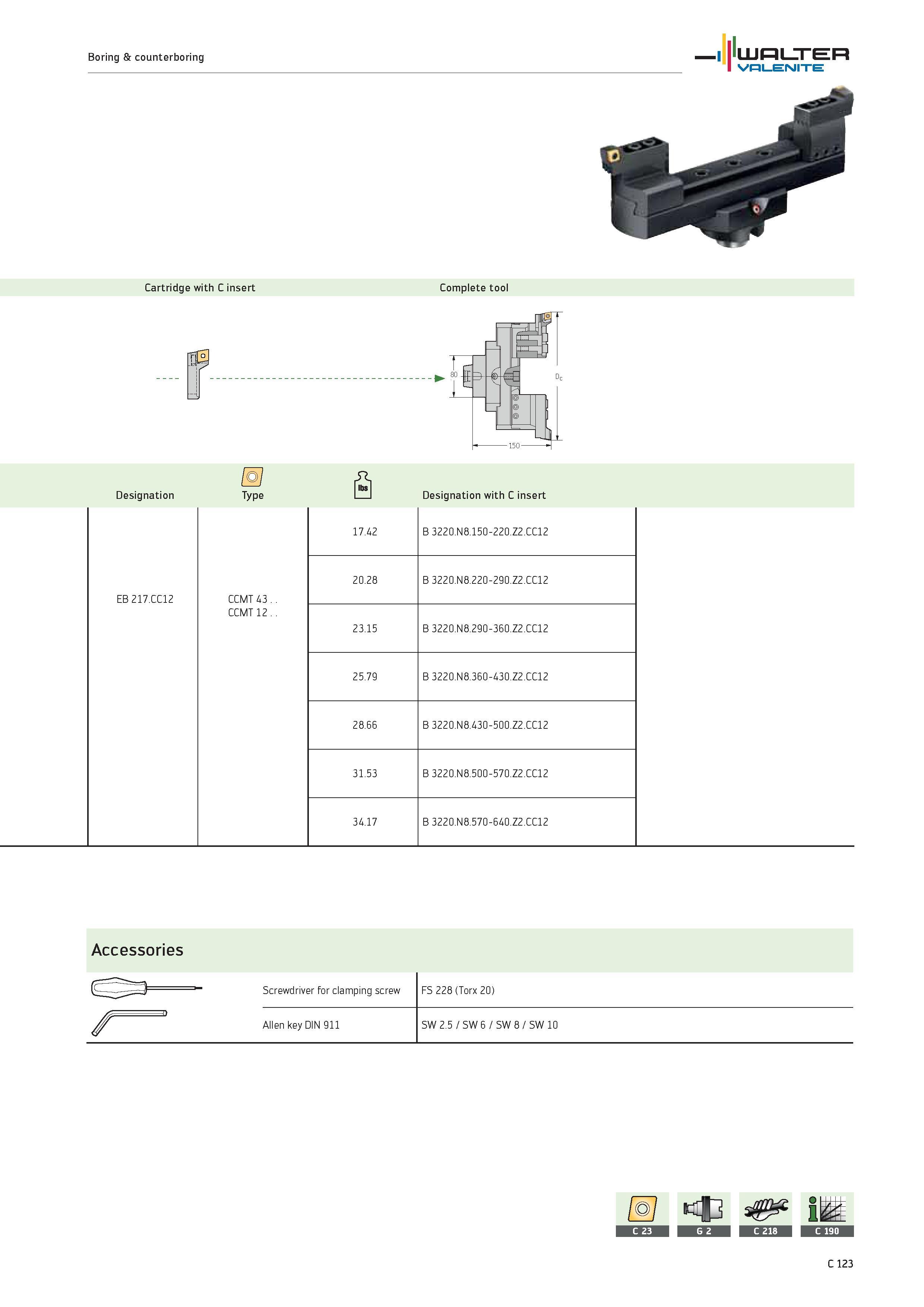 1025 Boring counterboring WALTER Valenite Cartridge with C insert Complete tool Designation EB 217 CC12 Type CCMT 43 CCMT 12 Designation with C insert Каталог WALTER 2012 Металлорежущий инструмент и инструментальная оснастка Valenite для станков и металлообрабатывающих комплексов Стр. C123