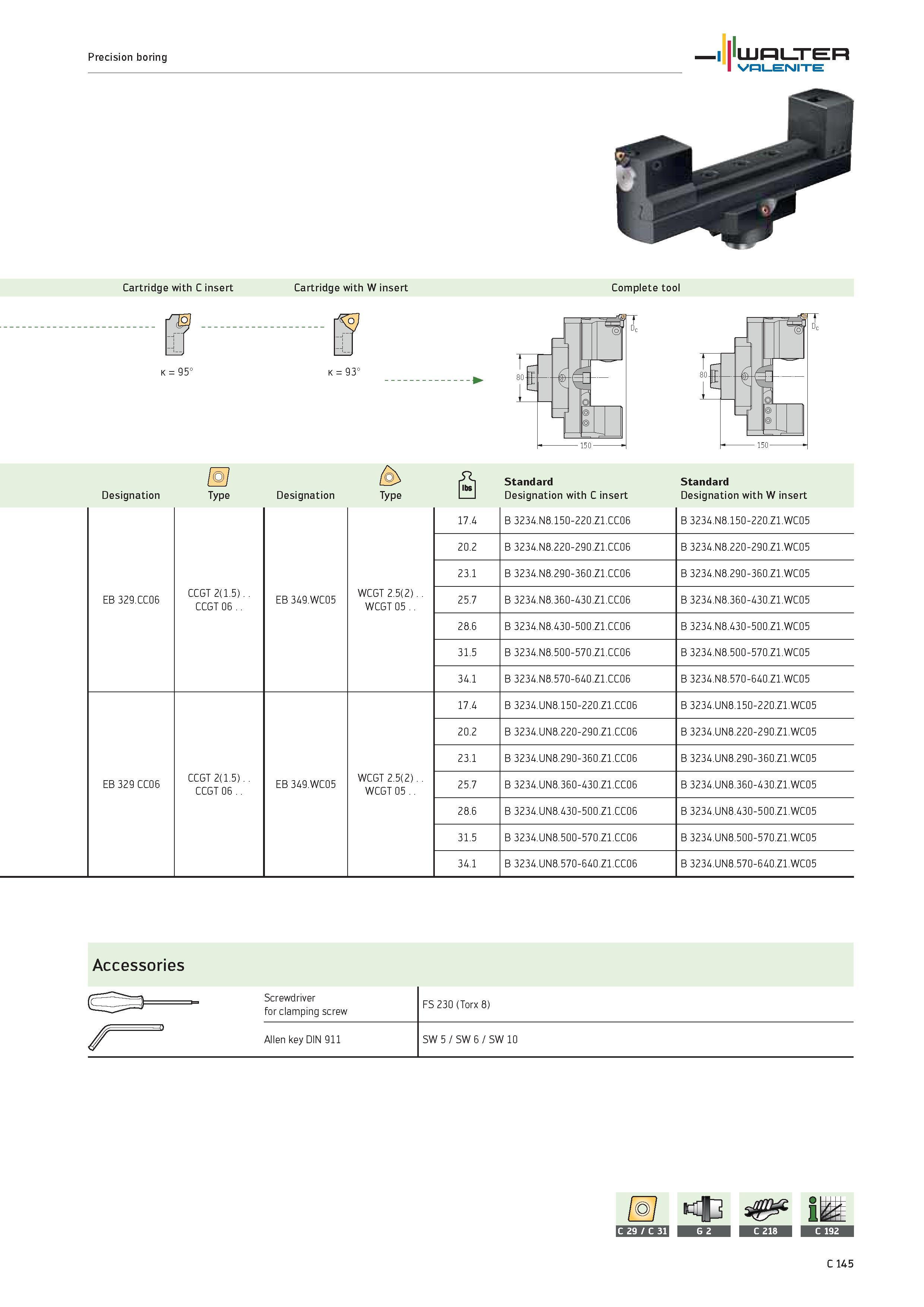 1047 Precision boring WALTER Valenite Cartridge with C insert Cartridge with W insert Complete tool K 95° K 93° Designation Type Designation Type 0 St Каталог WALTER 2012 Металлорежущий инструмент и инструментальная оснастка Valenite для станков и металлообрабатывающих комплексов Стр. C145