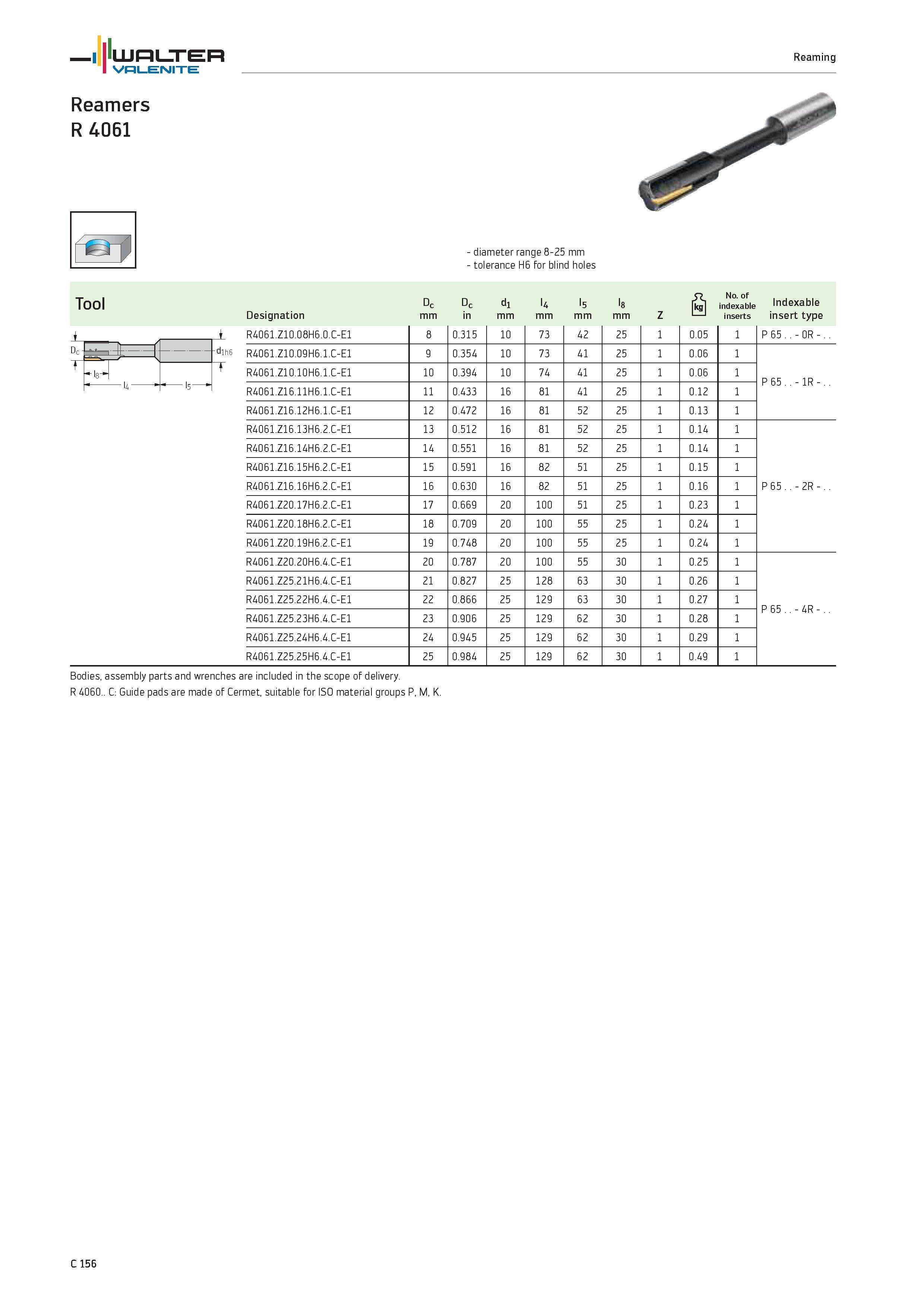 1058 WALTER Valenite Reaming Reamers R 4061 diameter range 8-25 mm tolerance H6 for blind holes Tool Dc T I d1h6 Designation Dc mm Dc in -I l4 mm l5 m Каталог WALTER 2012 Металлорежущий инструмент и инструментальная оснастка Valenite для станков и металлообрабатывающих комплексов Стр. C156