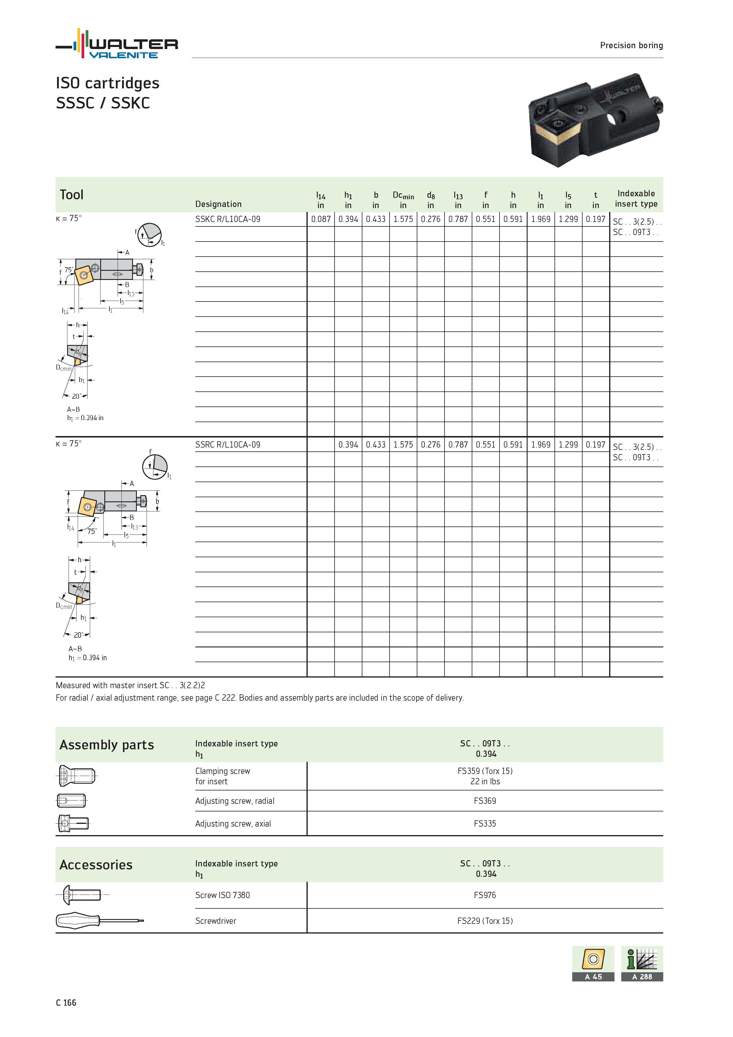 1068 WALTER Valenite Precision boring ISO cartridges SSSC / SSKC K 75° A-B hi 0 394 in Tool l14 h1 b Dcmin d8 l13 f h l1 l5 t Indexable Designation in Каталог WALTER 2012 Металлорежущий инструмент и инструментальная оснастка Valenite для станков и металлообрабатывающих комплексов Стр. C166
